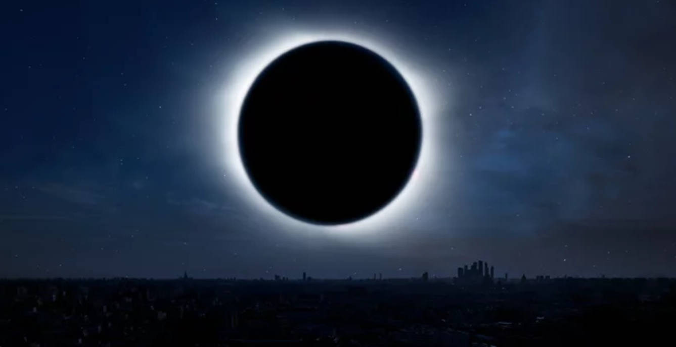 Eclipse 桌布 壁紙 — 日全食在星空夜空上投下一個黑暗的圓形陰影，下方是剪影般的城市景觀。