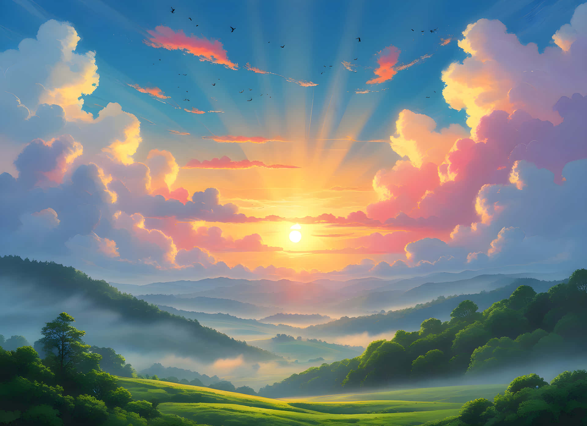 Sunrise view in the mountain 壁紙 — 日出光線穿過粉橙色雲層，照耀在霧氣瀰漫的綠色山丘和森林上，鳥兒飛翔。