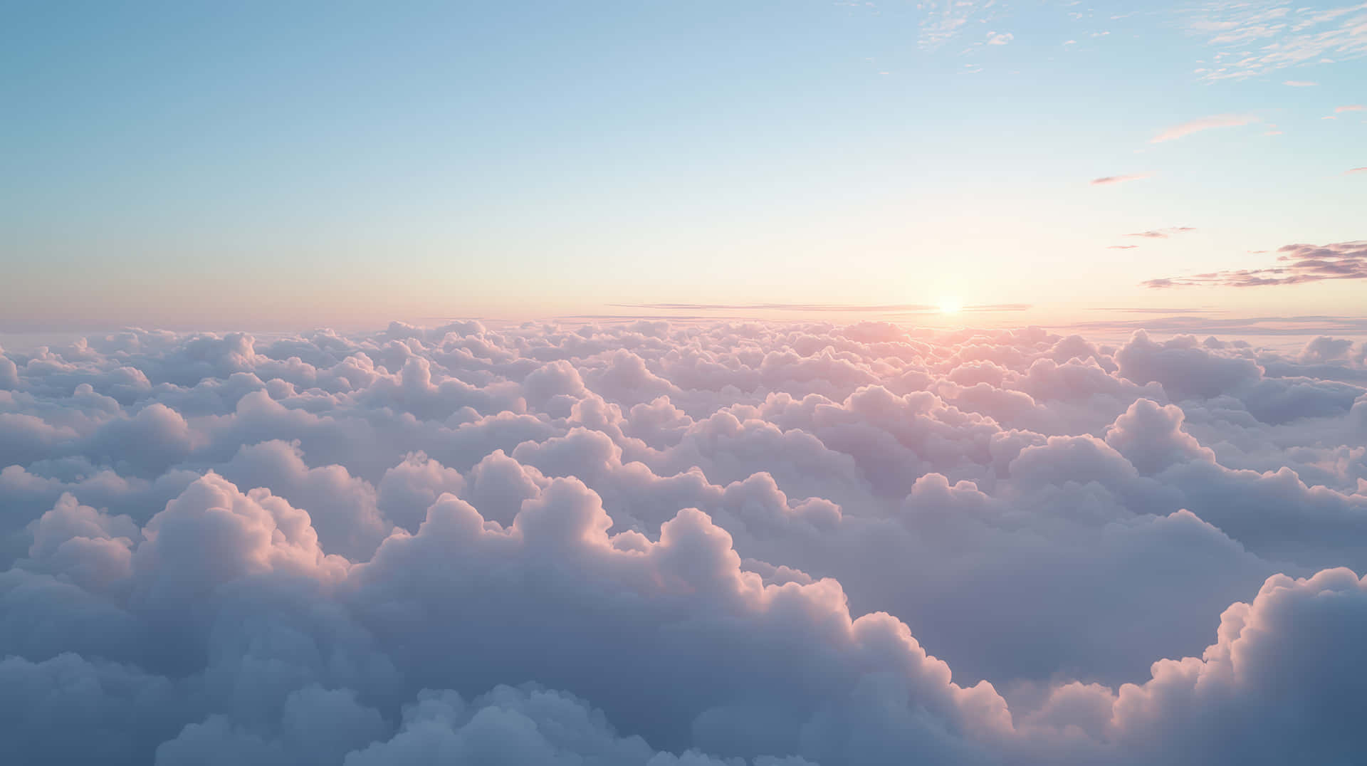 Dreamy Sunrise Over a Sea of Soft, Fluffy Clouds in the Sky 壁紙 — 日出在無盡的棉花糖雲層上閃耀，呈現柔和的粉紅、藍色和金色色調。