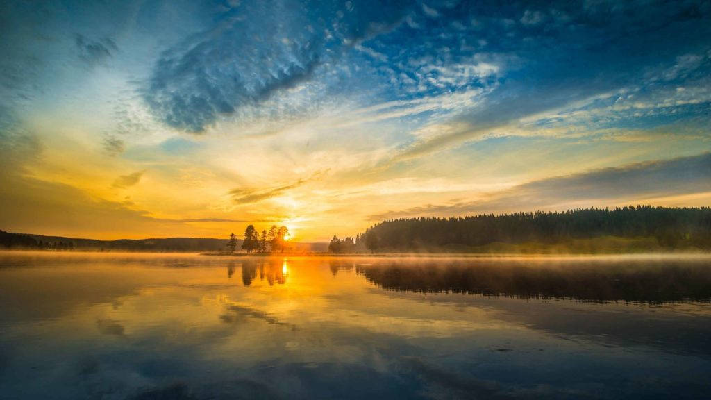 Sunrise Nature 桌布 壁紙 — 日出在霧氣瀰漫的湖面上塗上一層金色光輝，映照出充滿活力的天空和森林覆蓋的湖岸。