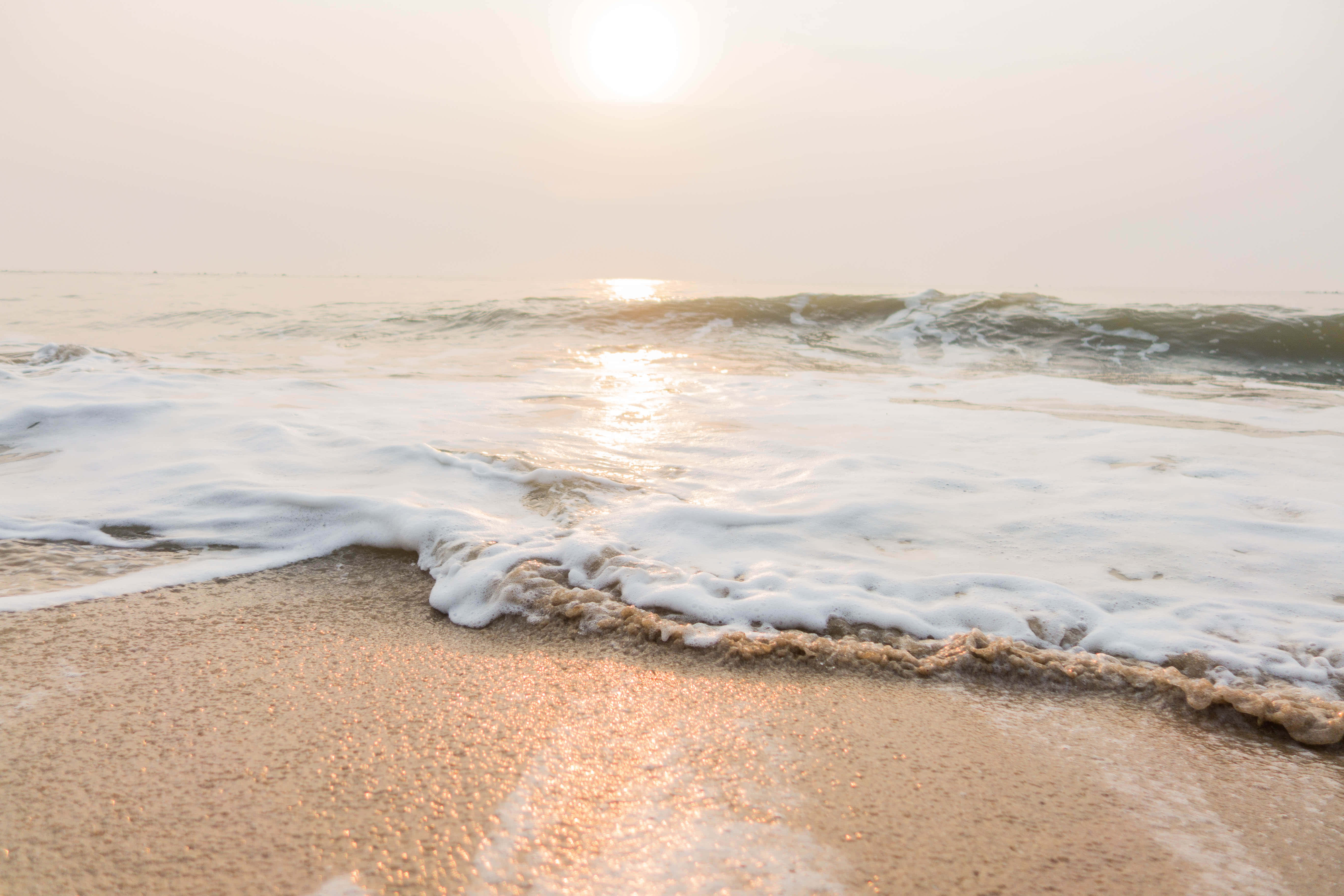 Beach Waves 桌布 壁紙 — 日出時，陽光在泡沫般的海浪上閃爍，輕輕地滾上金色的沙灘。