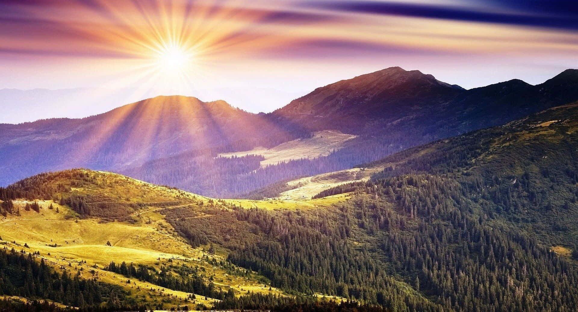 風景 桌布 壁紙 — 日出時，陽光散發出金色光芒，籠罩著起伏的森林覆蓋的山脈，在山谷中投下長長的陰影。