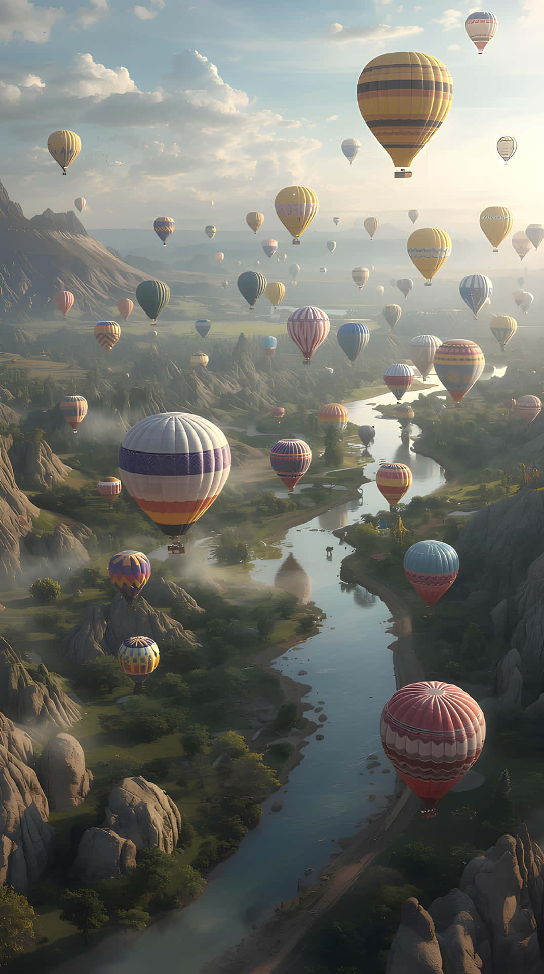 Hot Air Balloon Valley 壁紙 — 日出時分，眾多色彩繽紛的熱氣球在蜿蜒的河流上空飄過霧氣瀰漫的山谷的鳥瞰圖。