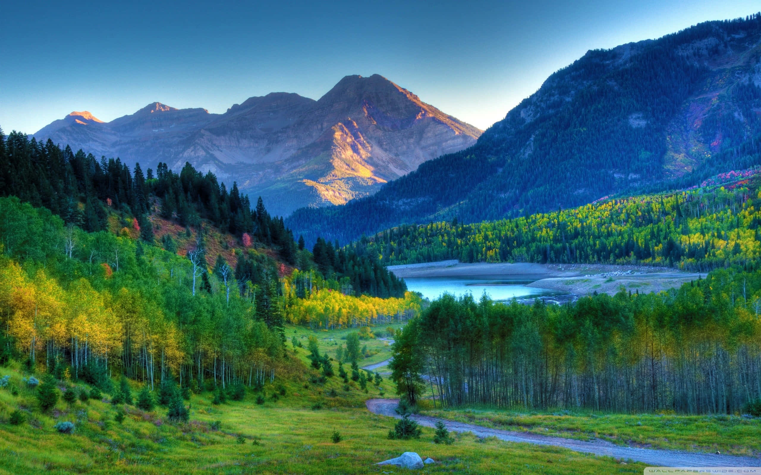 Mountain Scenery 桌布 壁紙 — 日出時分寧靜的山谷，有蜿蜒的道路、充滿活力的綠色和黃色森林，以及倒映藍天的平靜湖泊。