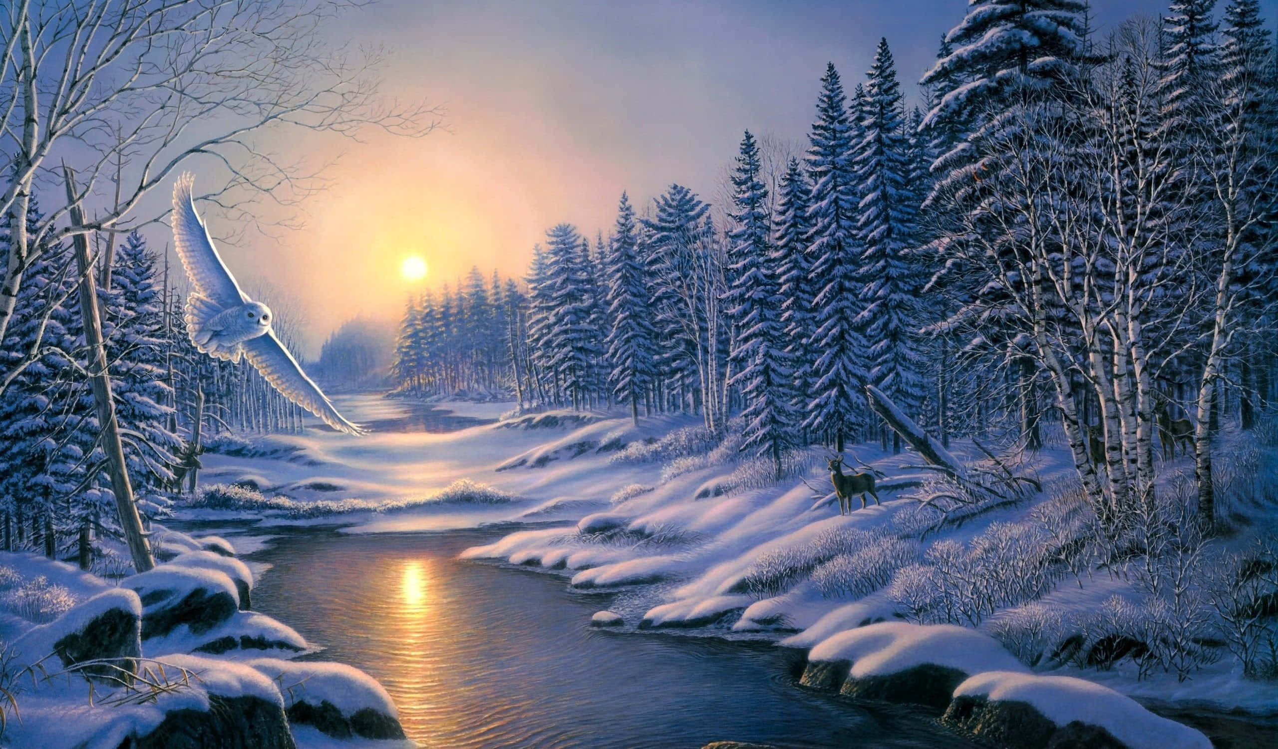 Winter Forest 桌布 壁紙 — 日出時分白雪皚皚的冬季森林，一隻白色貓頭鷹在倒映著景色的溪流上空飛翔，一隻鹿站在溪邊。