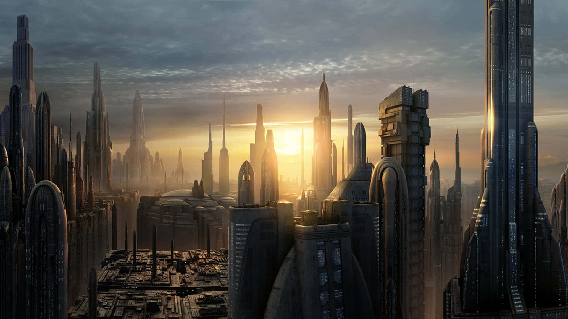 Coruscant 桌布 壁紙 — 日出時分的未來城市景觀，高聳的摩天大樓在金色天空下投下長長的影子。