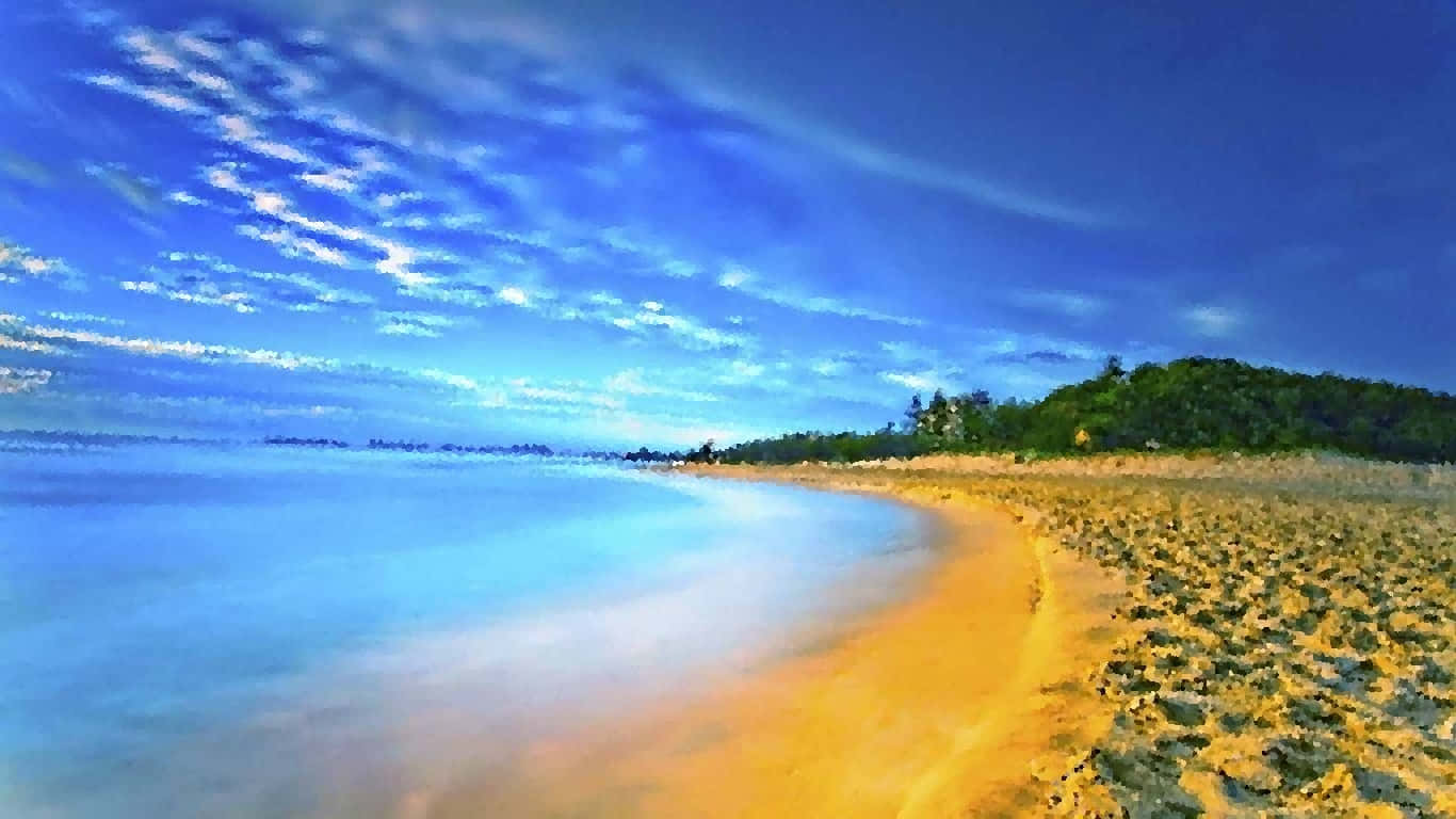 Pixel Beach 桌布 壁紙 — 日出時寧靜的熱帶海灘，金色沙灘與碧綠海水交匯，在充滿活力的藍天下飄著縷縷白雲。