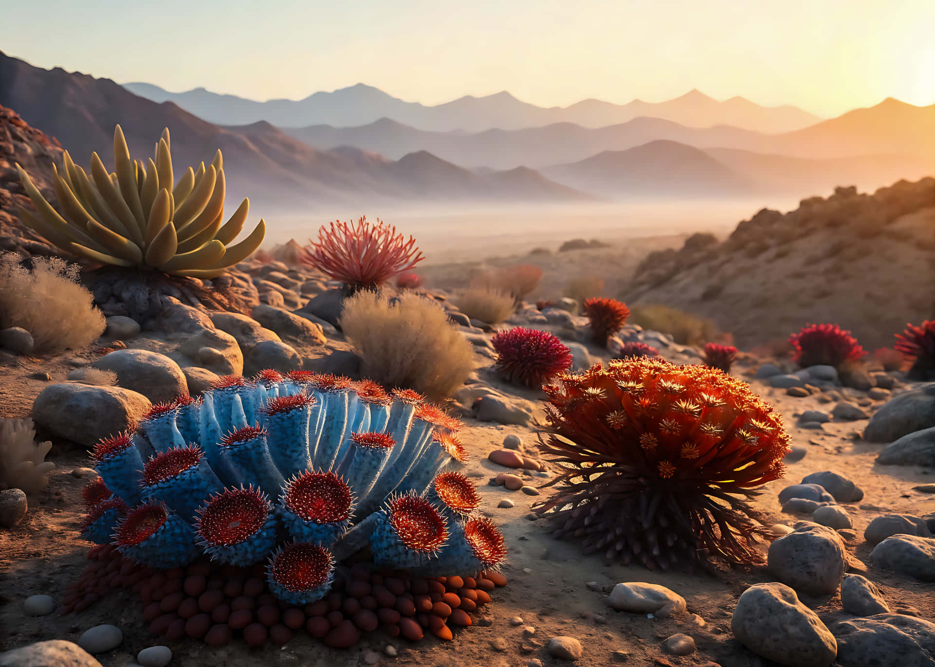 Desert landscape with cacti and distant mountains 壁紙 — 日出時的超現實沙漠景觀，有鮮豔的藍色、紅色和橙色仙人掌，以及遠處霧濛濛的山脈。