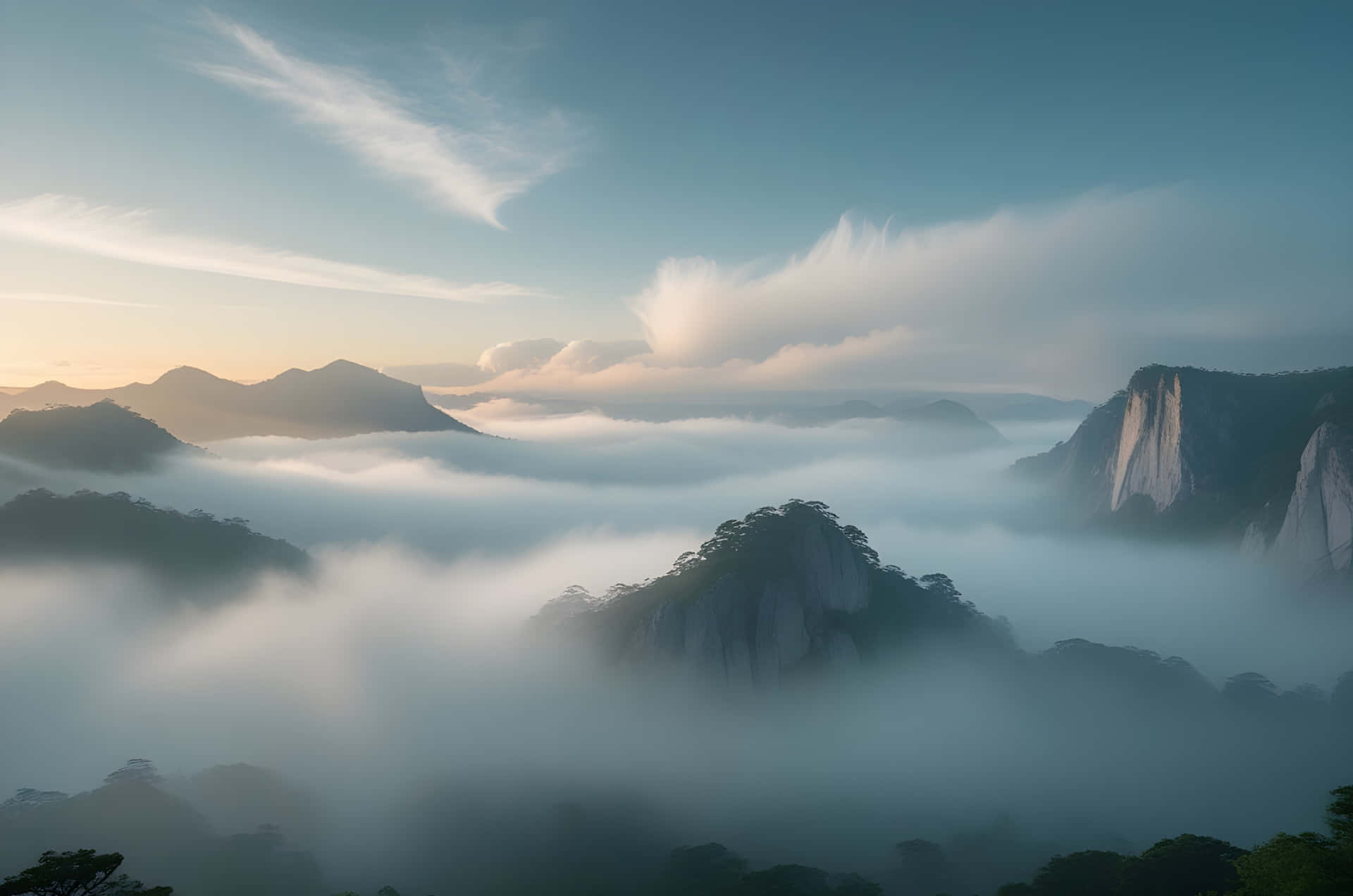 a view of foggy natural hill 壁紙 — 日出照亮了雲海之上薄霧籠罩的山巒，帶有柔和的藍色和金色色調。