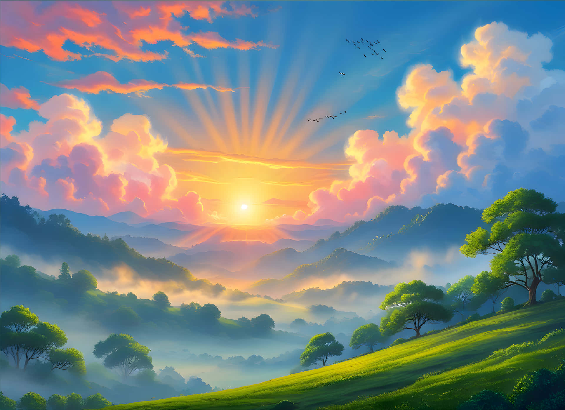Sunrise view in the morning 壁紙 — 日出透過粉紅橙色的雲層散發出金色光芒，照耀在薄霧籠罩、綠樹點綴的起伏山丘上。