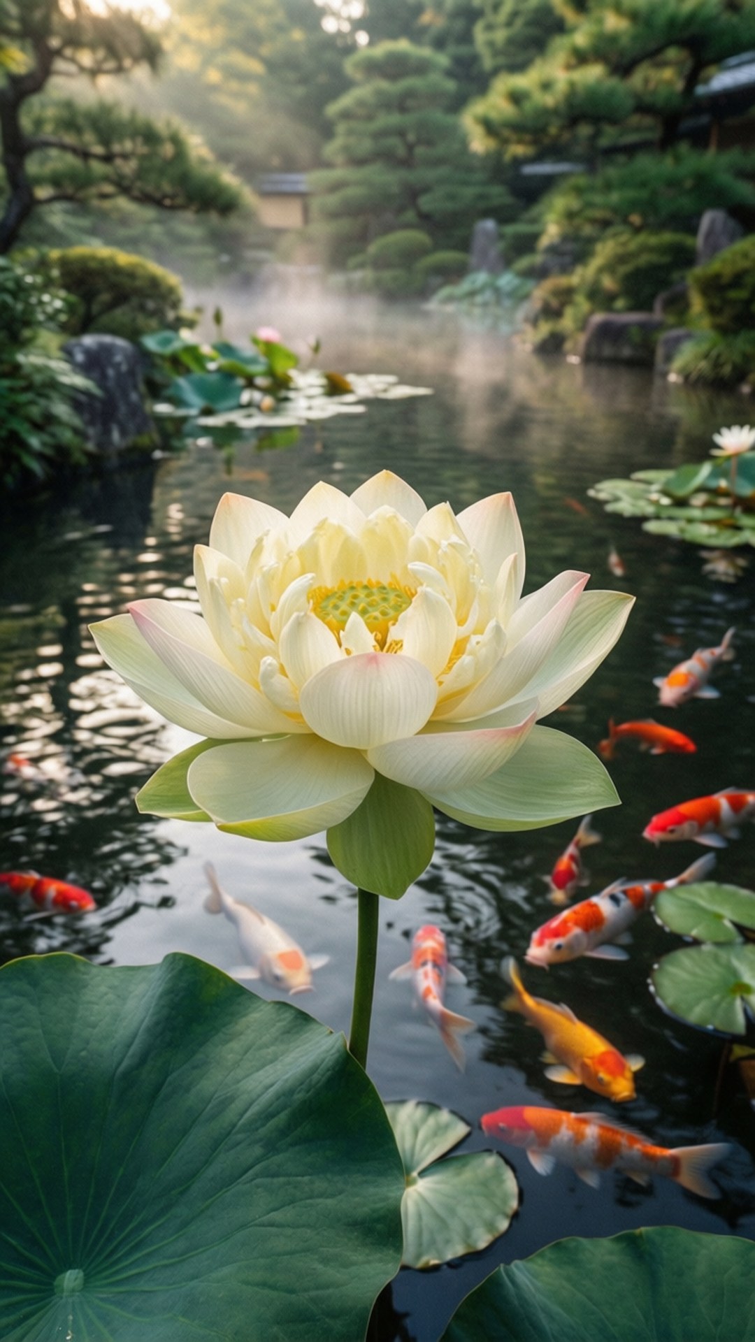 日式庭園蓮花 壁紙 — 一個寧靜的池塘，一朵巨大的白色蓮花盛開，錦鯉在睡蓮和霧氣籠罩的綠植間游動。