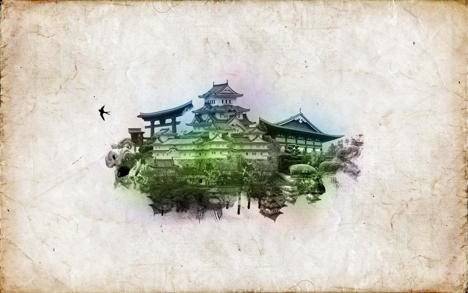 日式建築，周圍有鳥兒飛翔 壁紙