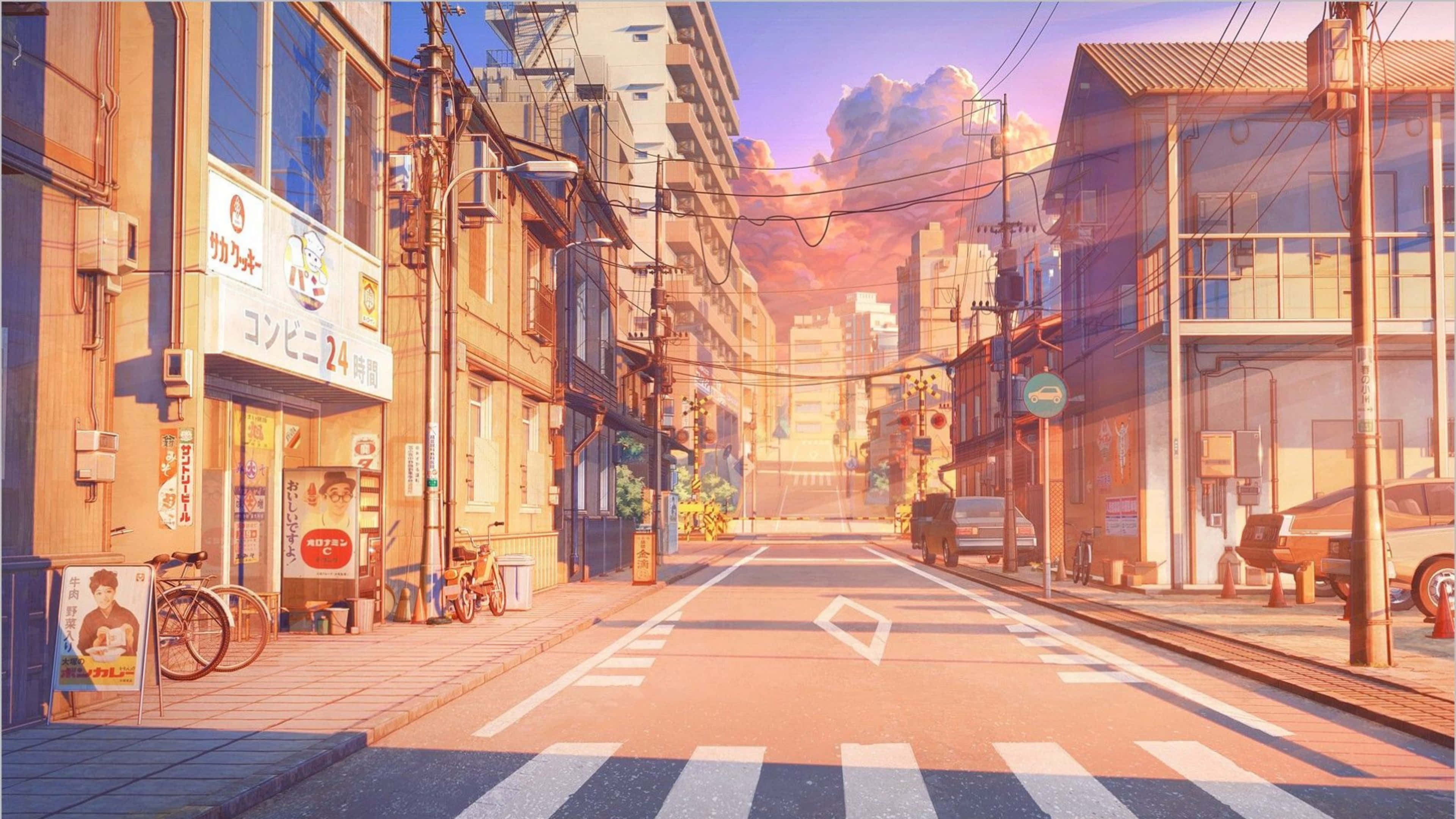 動漫 桌布 壁紙 — 日本一條寧靜的動畫風格街道，沐浴在溫暖的夕陽光中，帶有粉彩雲朵和安靜的店舖門面。