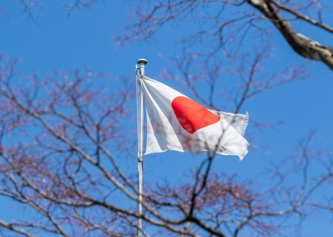日本國旗在藍天下隨風飄揚，襯托著光禿樹枝。