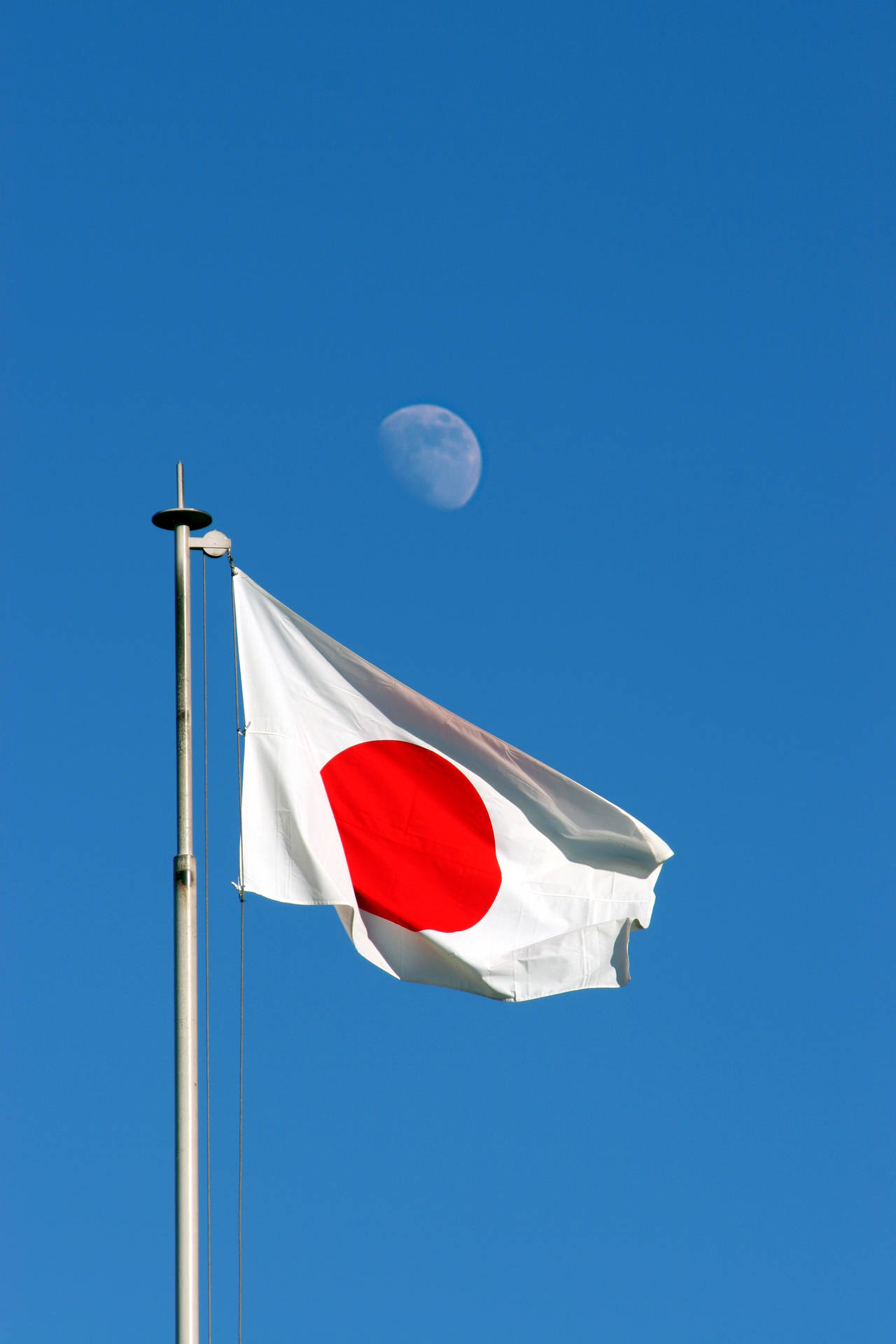 日本國旗在風中飄揚，藍天上有一彎新月。