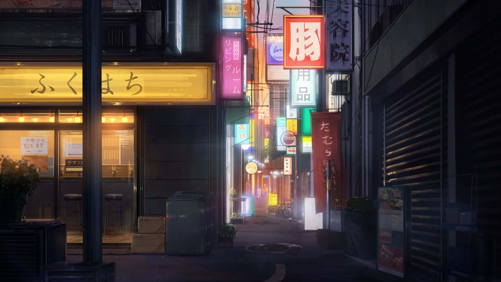 城市 桌布 壁紙 — 日本城市夜晚一條狹窄的霓虹燈小巷，有發光的招牌和關閉的店鋪門面。