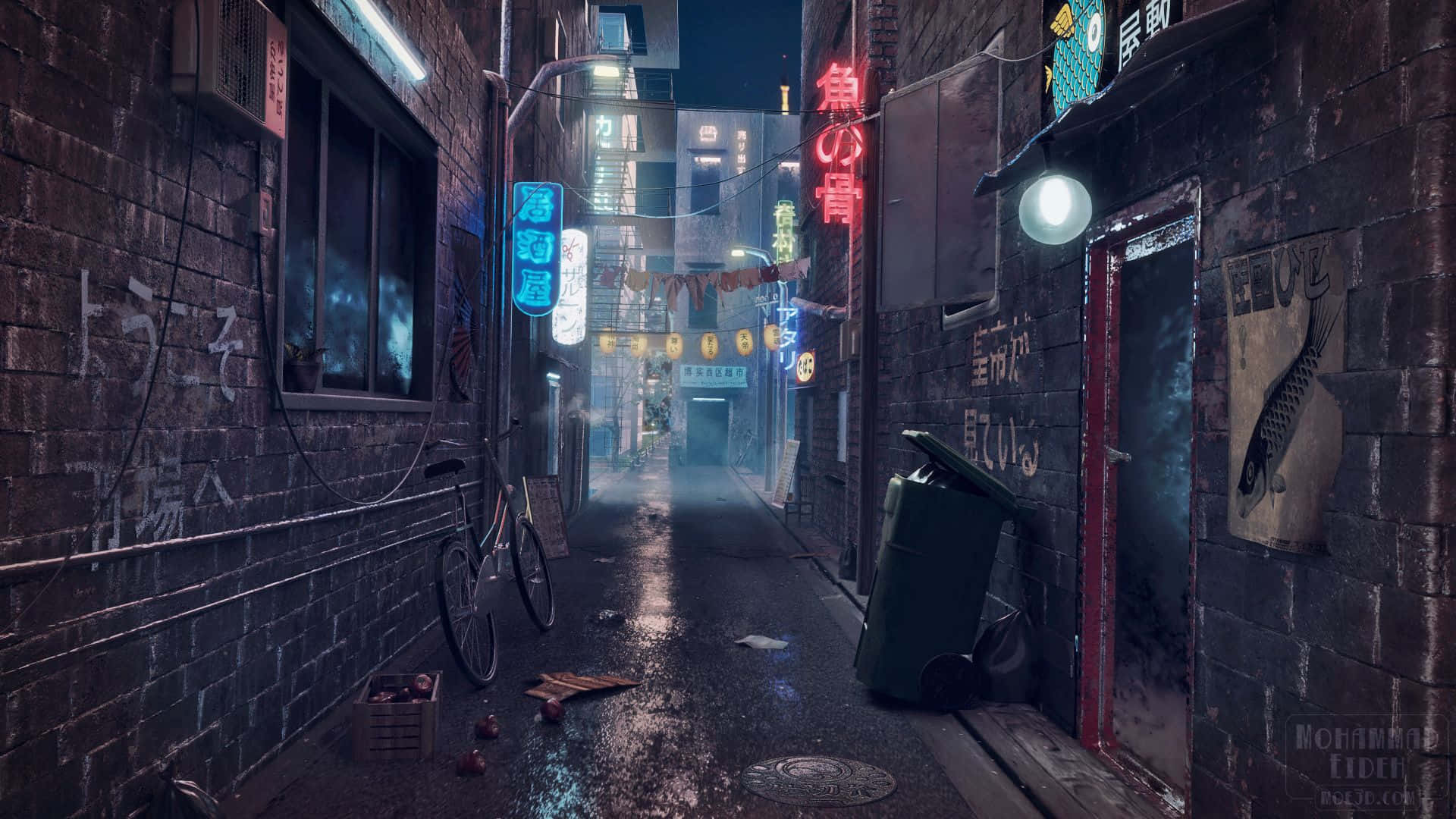 Alleyway 桌布 壁紙 — 日本城市夜晚一條被雨淋濕的霓虹燈小巷，閃爍的招牌和一輛孤獨的腳踏車。
