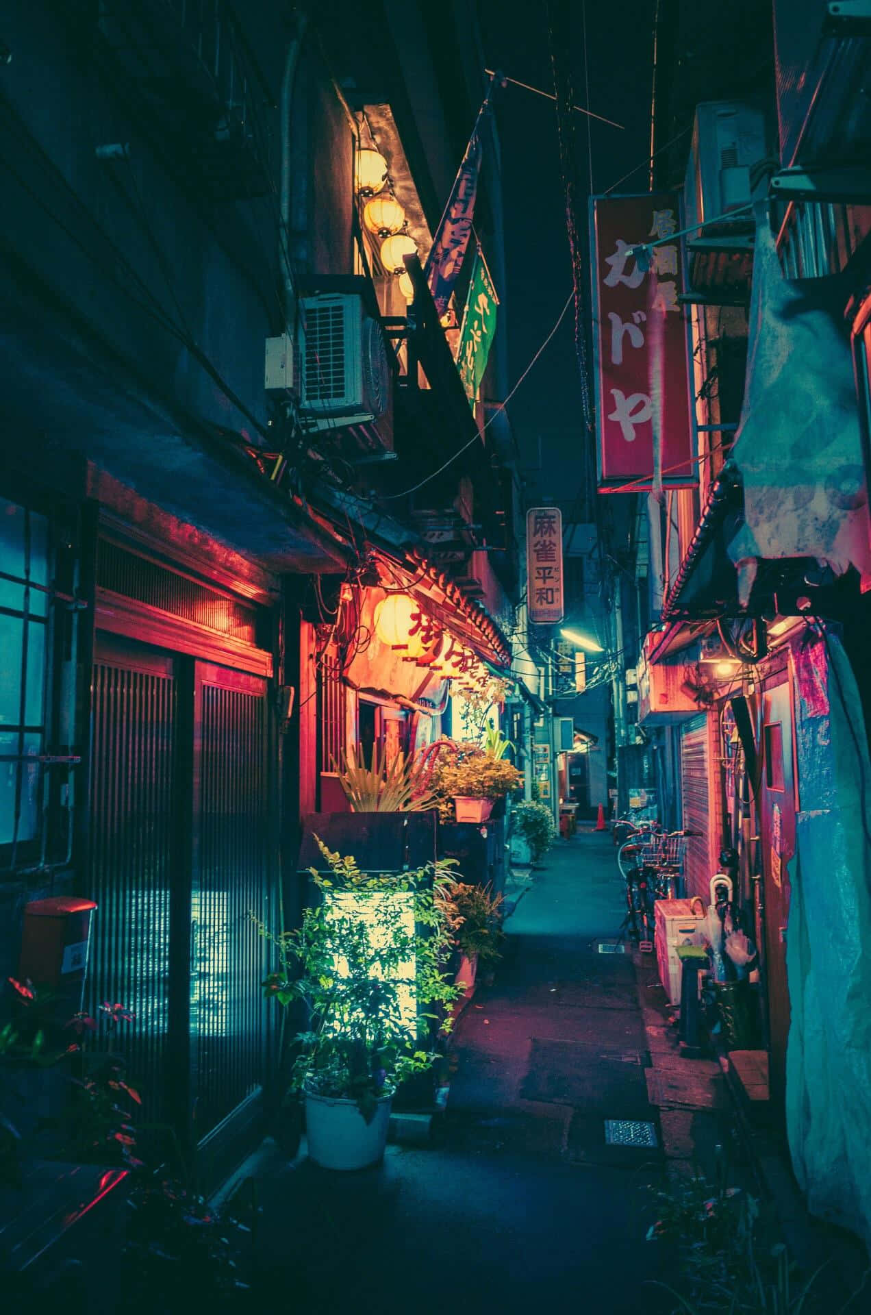 Japanese Aesthetic HD 桌布 壁紙 — 日本夜晚一條狹窄的霓虹燈小巷，發光的招牌和盆栽植物在潮濕的路面上投射出色彩繽紛的倒影。