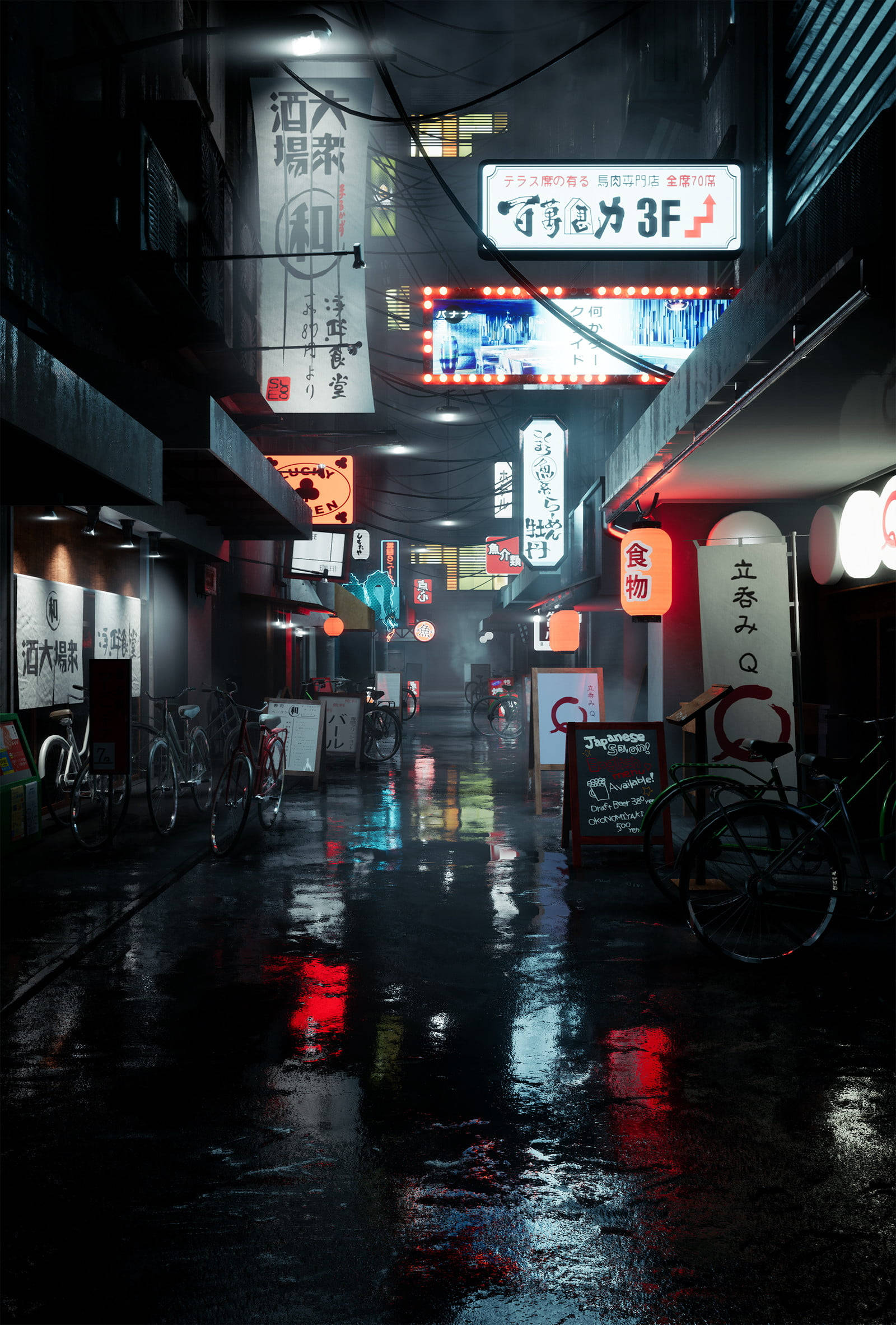 日本 桌布 壁紙 — 日本夜晚一條被雨水浸濕、霓虹燈照亮的小巷，在黑暗的天空下反射出發光的招牌和停放的腳踏車。