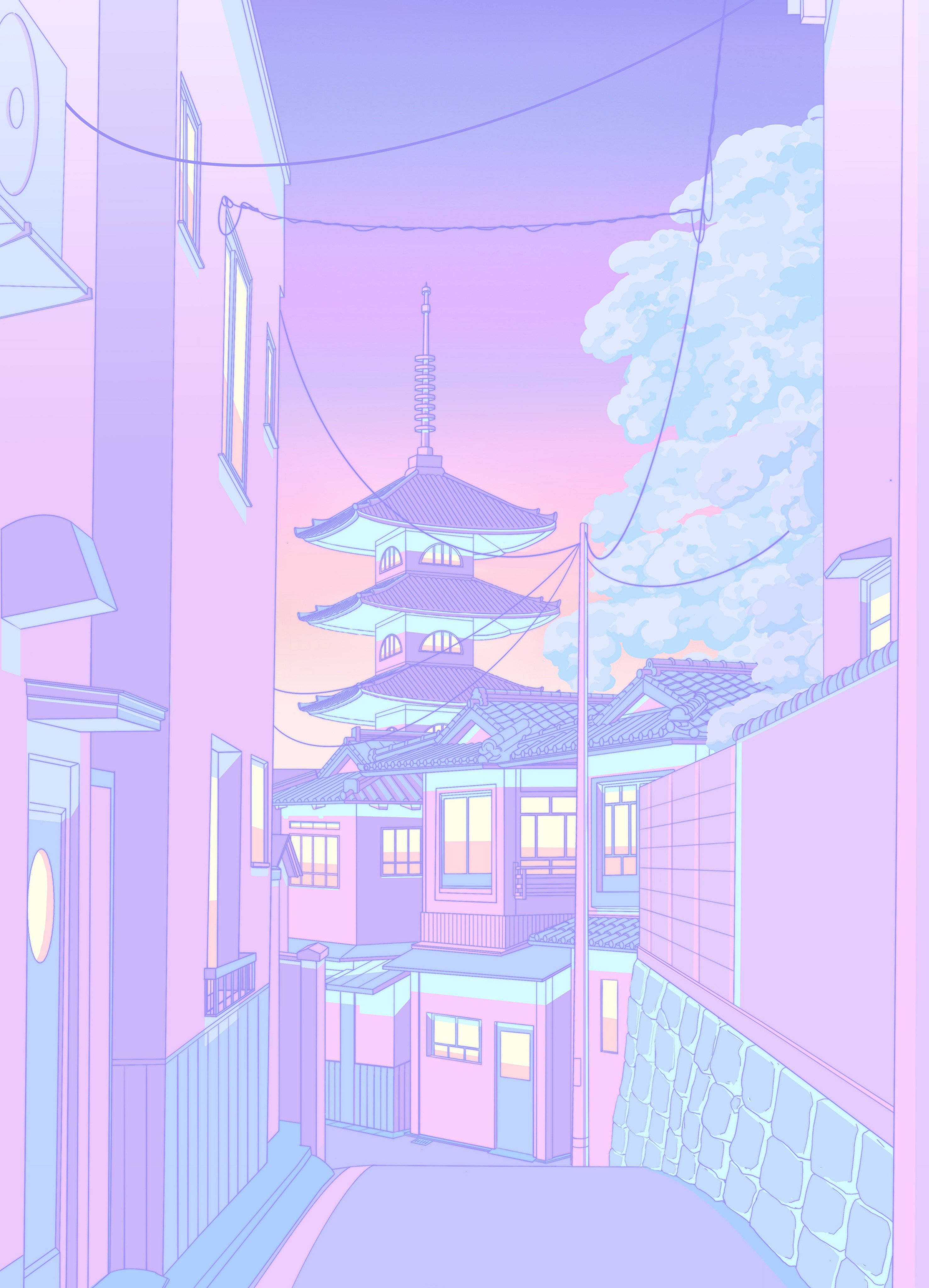 pastel 桌布 壁紙 — 日本小鎮的一條狹窄小巷，沐浴在柔和的紫色和粉紅色調中，遠處可見一座寶塔，在粉彩天空下。
