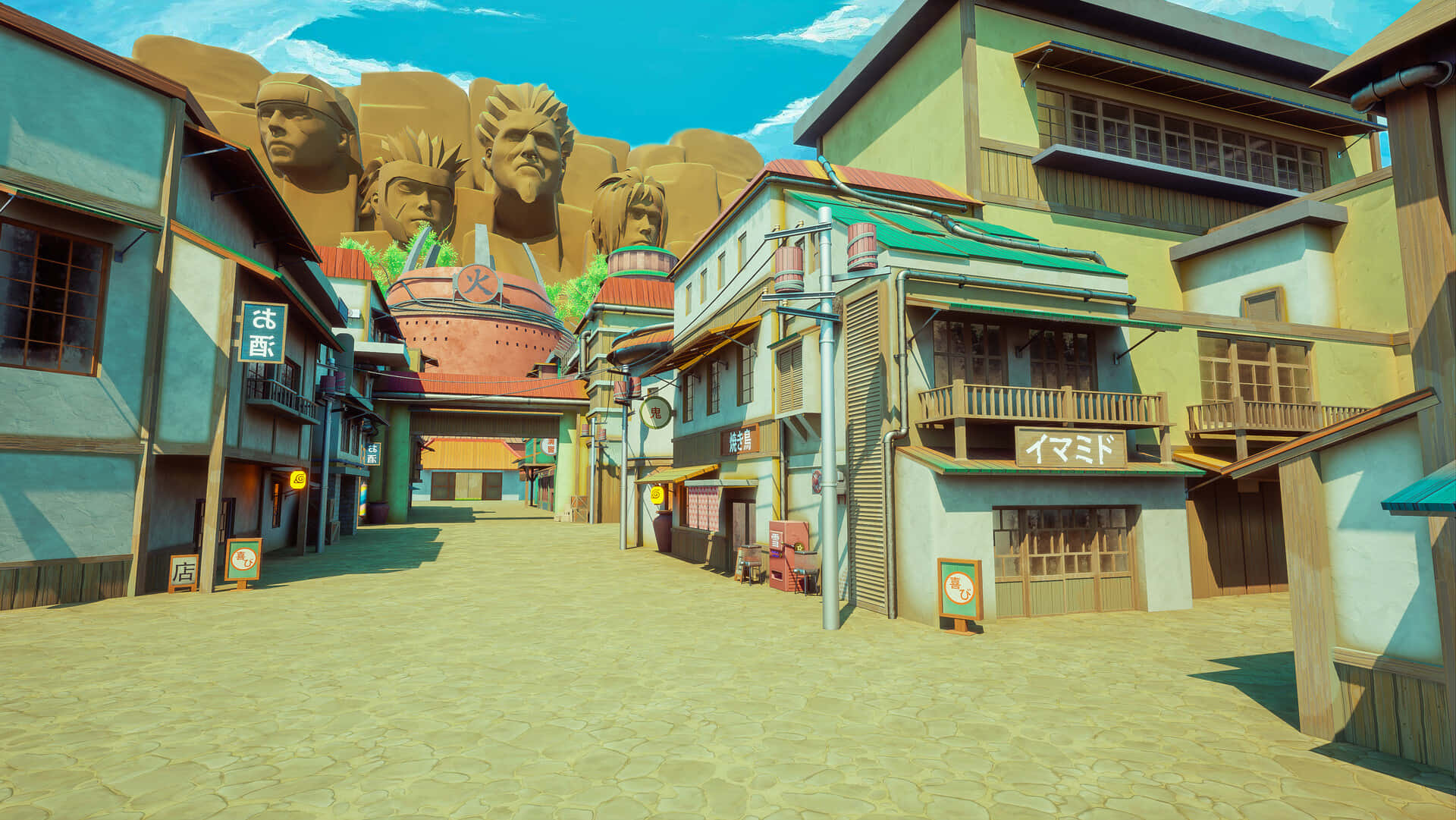 Naruto Village 桌布 壁紙 — 日本村莊中一條充滿活力的動漫風格街道，巨型石臉聳立在傳統建築之上，背景是清澈的藍天。