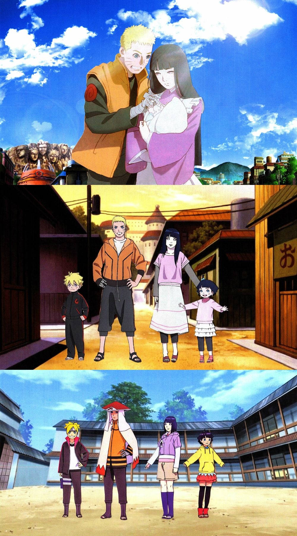 Clan 桌布 壁紙 — 日本村莊中的動畫家庭場景，明亮的藍天和傳統建築。