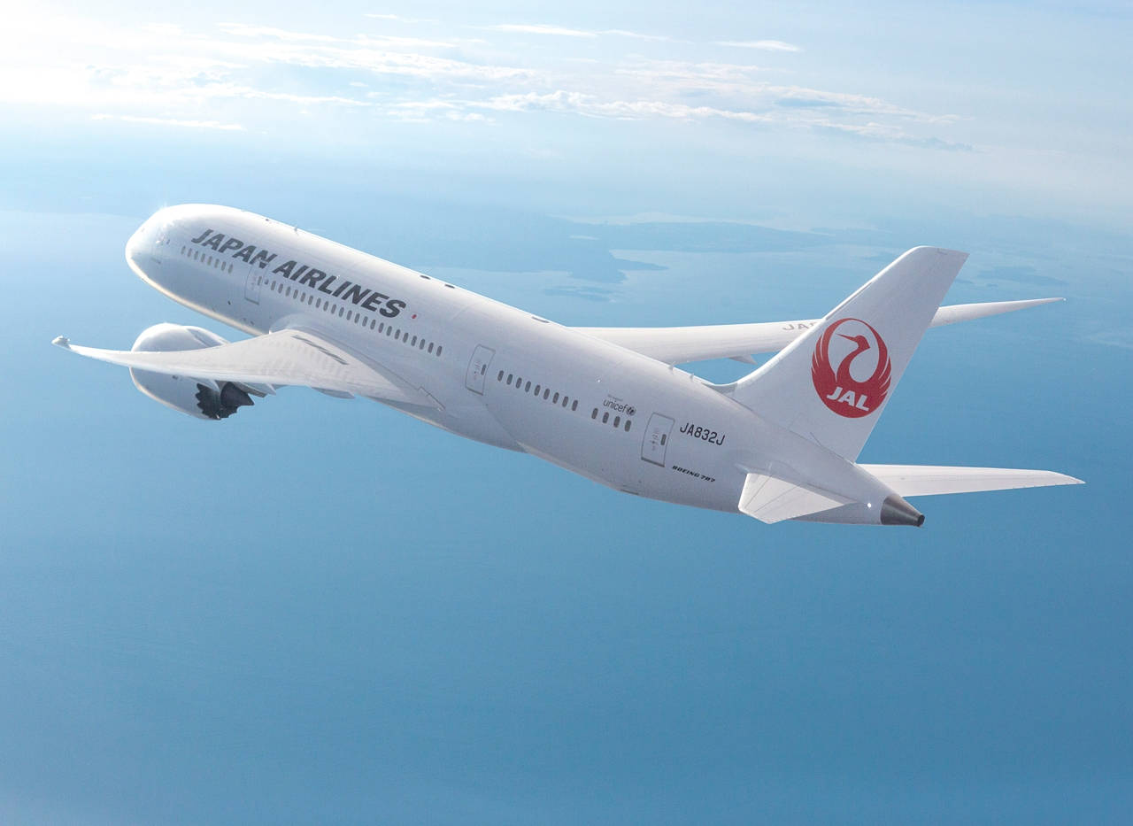 日本 桌布 壁紙 — 日本航空的波音787在晴朗的天空下，優雅地翱翔於廣闊的藍色海洋之上，天空中有零星雲朵。