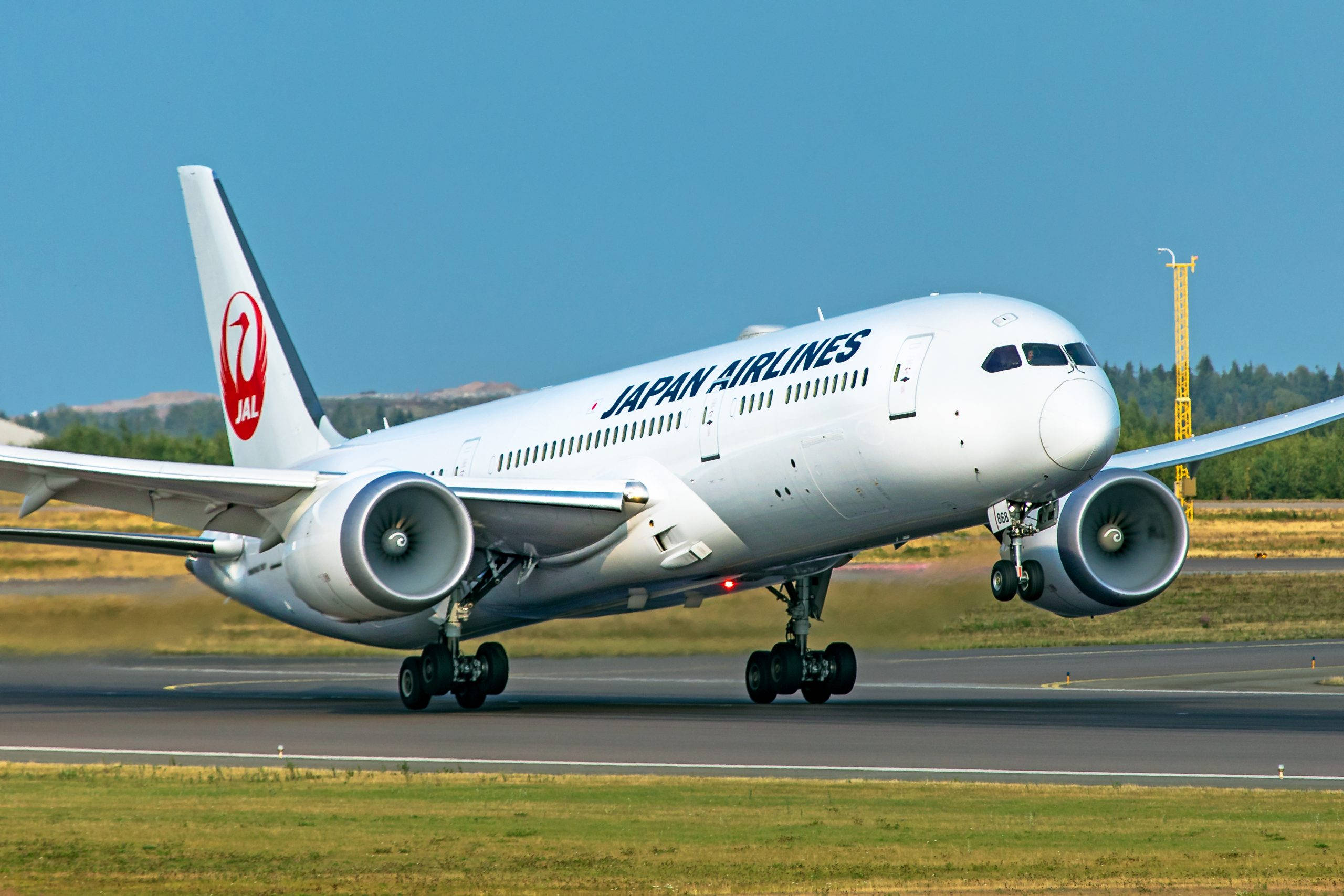 飛機 桌布 壁紙 — 日本航空的波音787夢想飛機在晴朗藍天下，以綠色樹木為背景，在跑道上滑行。