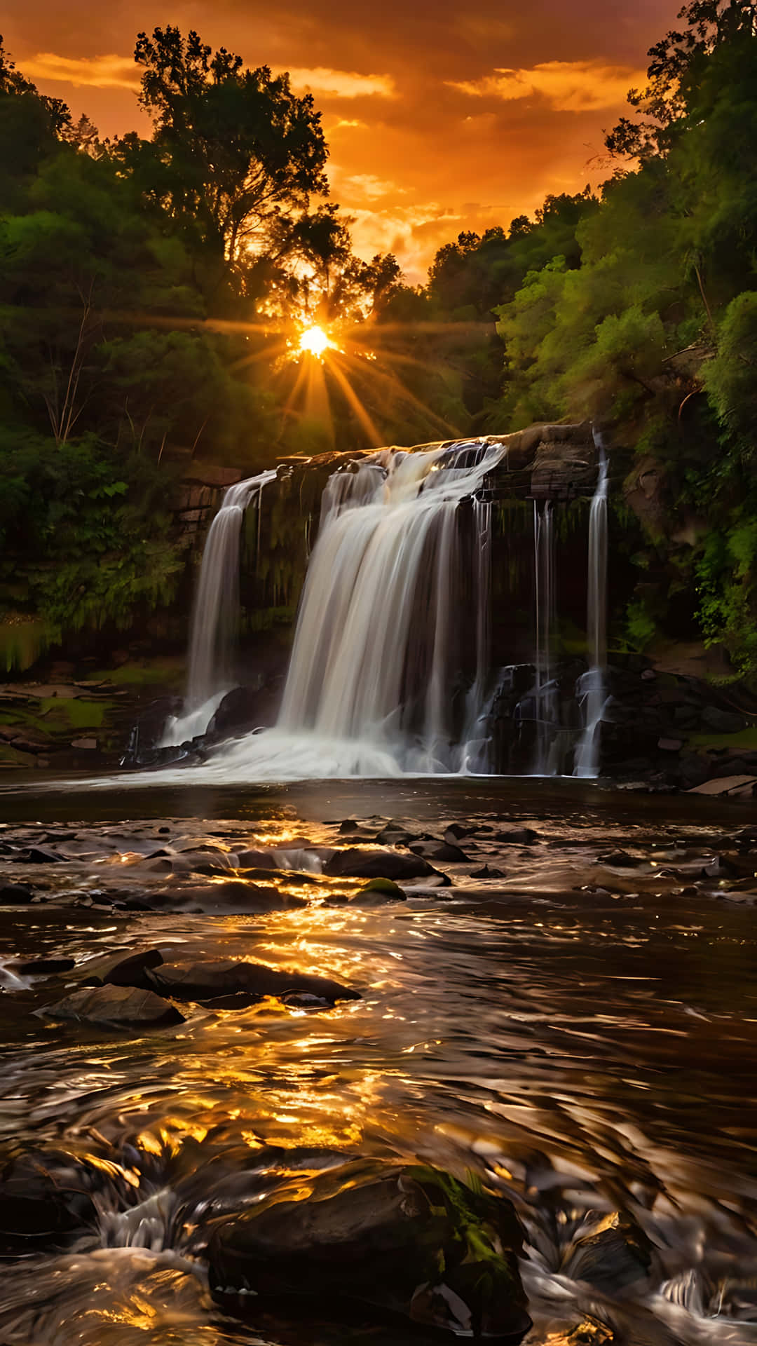 Majestic Waterfall Glow Under Sunset Skies. smartphone wallpaper 壁紙 — 日落光芒穿過瀑布後的樹木，將金色色調反射在下方漣漪的水面上。