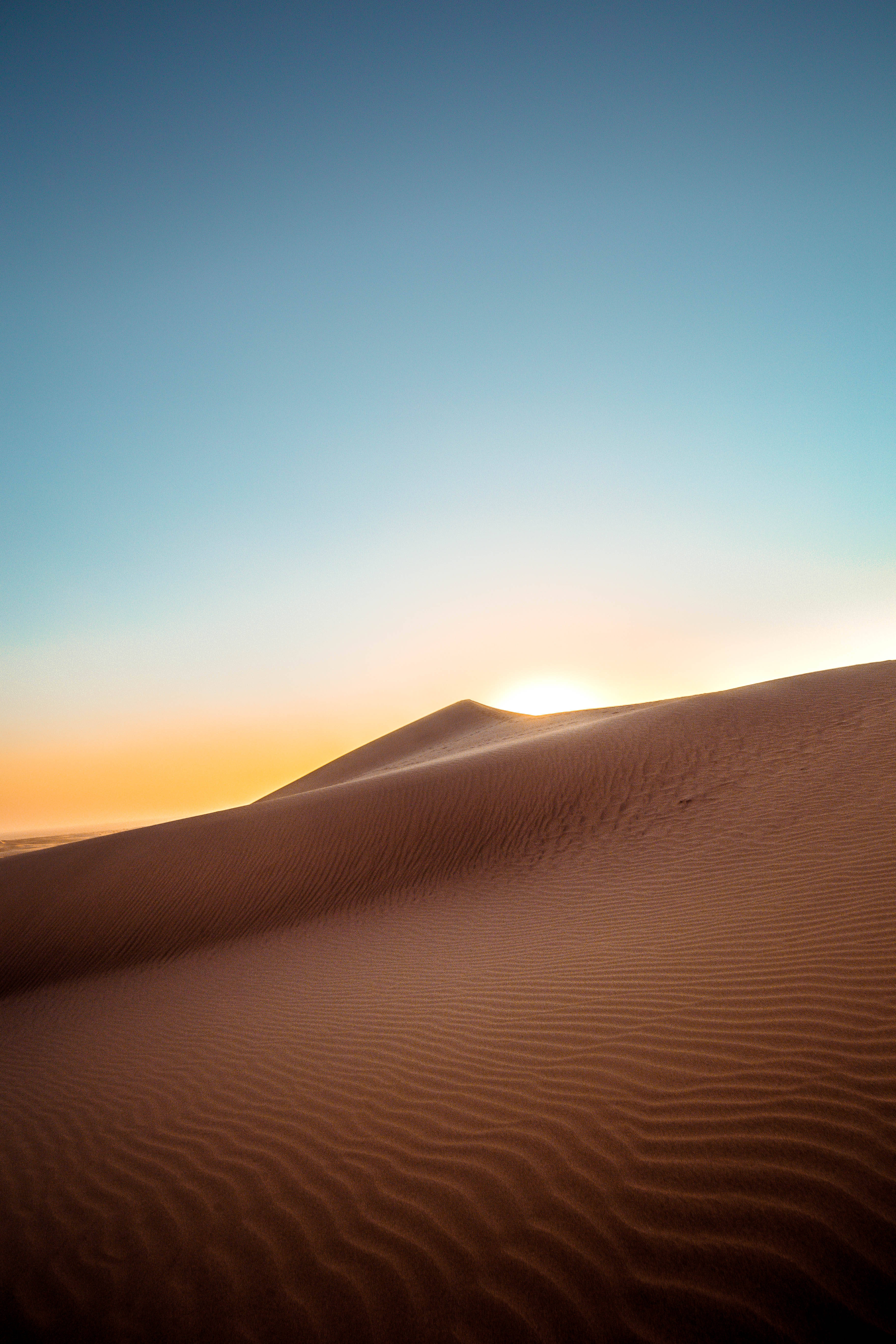 Desert 桌布 壁紙 — 日落將溫暖的金色光芒投射在紋理沙丘上，背景是漸變藍色天空。