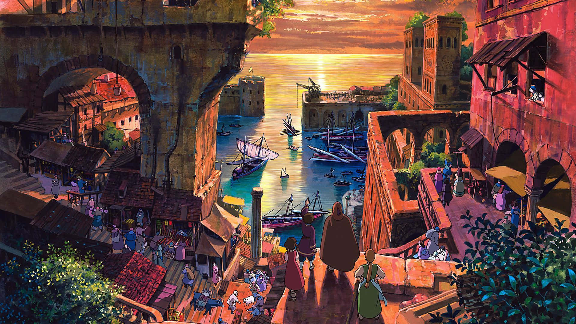 Tales From Earthsea 桌布 壁紙 — 日落時分，一個充滿活力的動畫港口小鎮，水中有船，人們穿梭於石拱門之間。