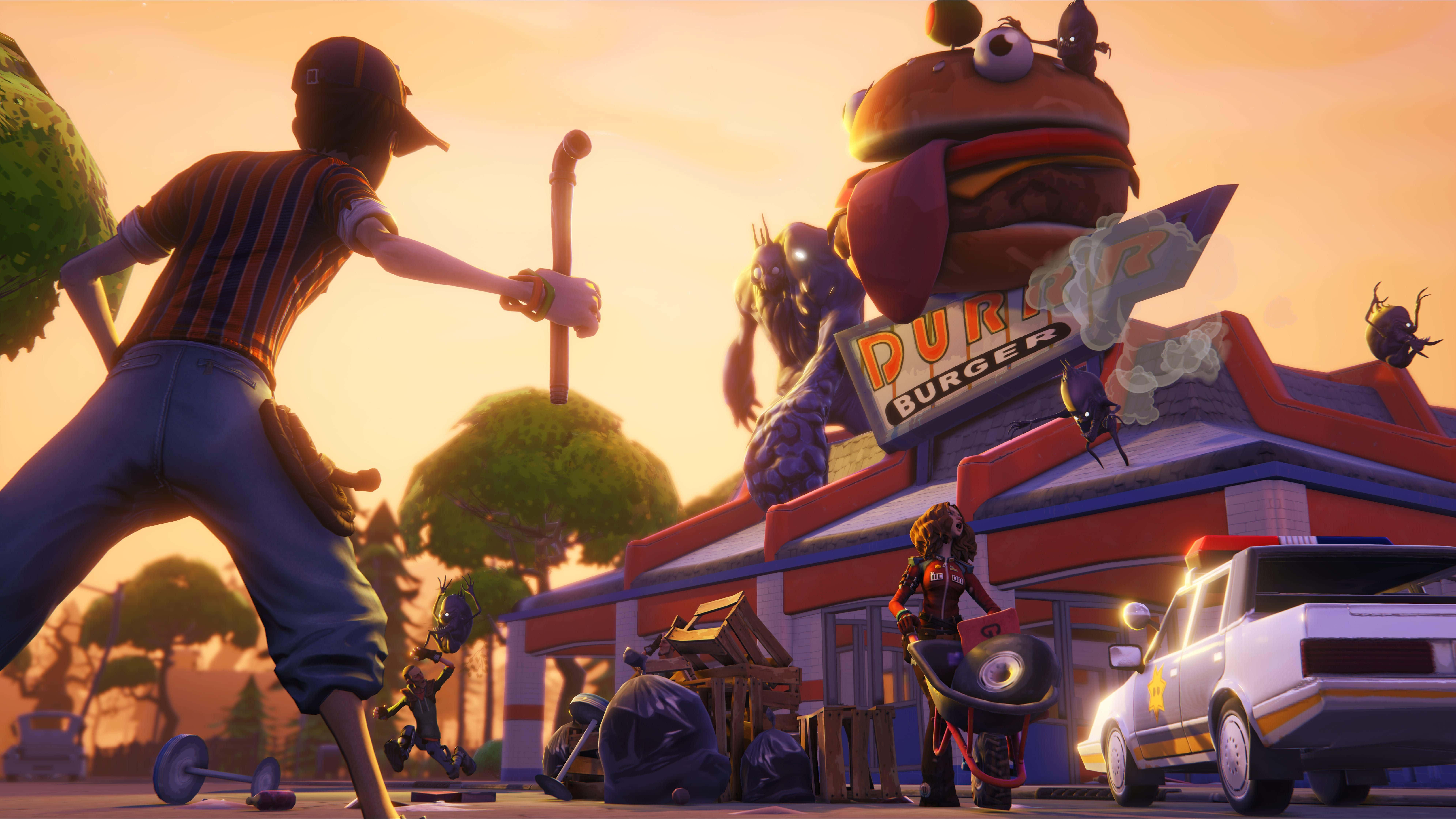Fye No Skin Fortnite 桌布 壁紙 — 日落時分，一個卡通角色在Durr Burger餐廳外揮舞著管子攻擊一個巨大的漢堡怪物。