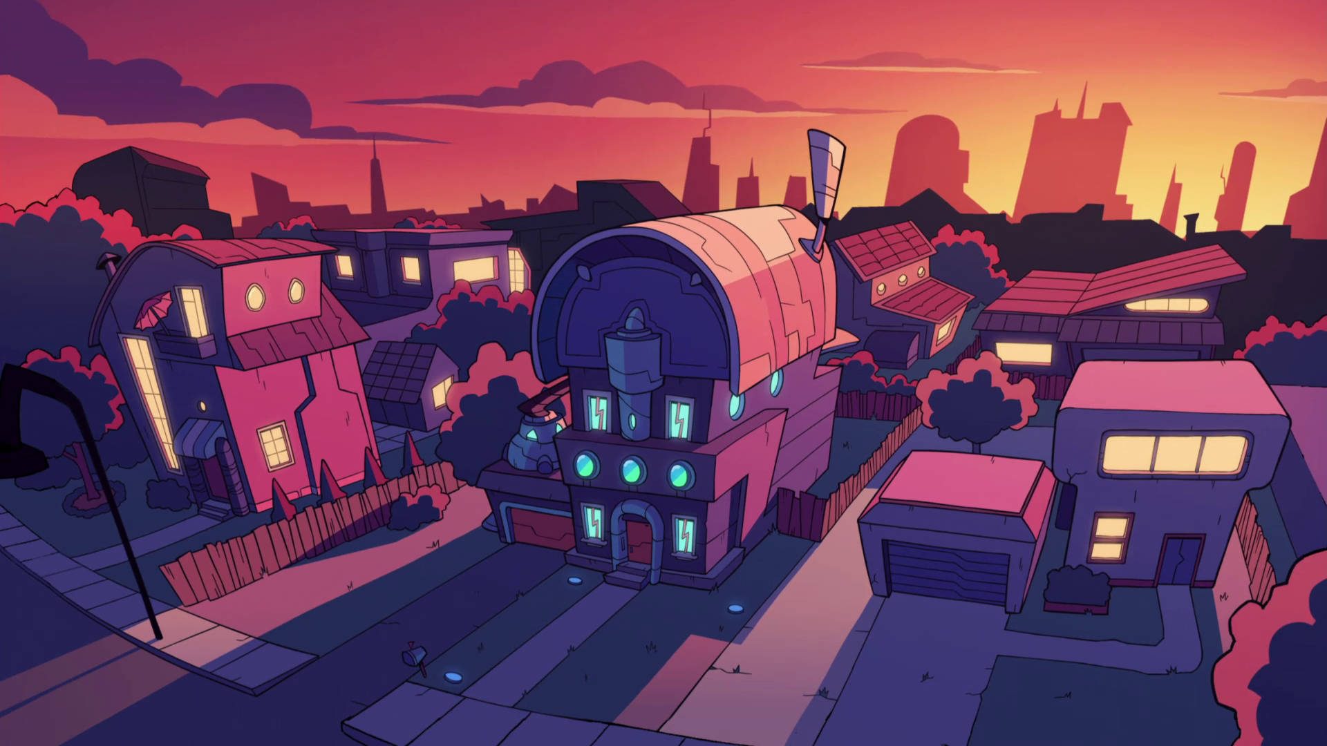 Invader Zim 桌布 壁紙 — 日落時分，一個奇思妙想的動畫社區，閃爍的窗戶和未來主義房屋在火紅的天空下。