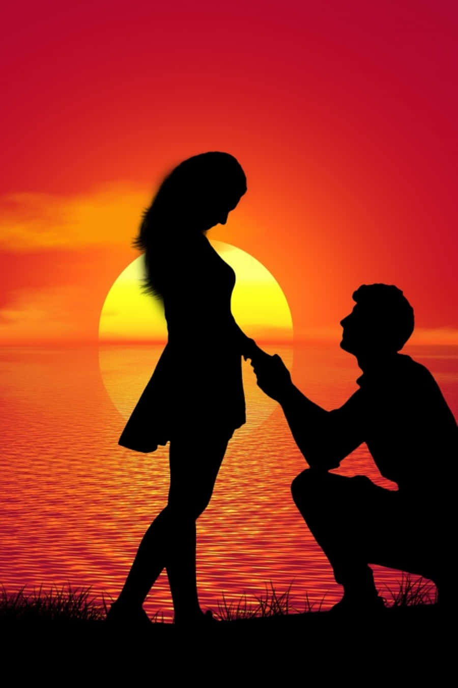 lover 桌布 壁紙 — 日落時分，一對情侶的剪影，男子跪地求婚，旁邊是水面上發光的太陽。