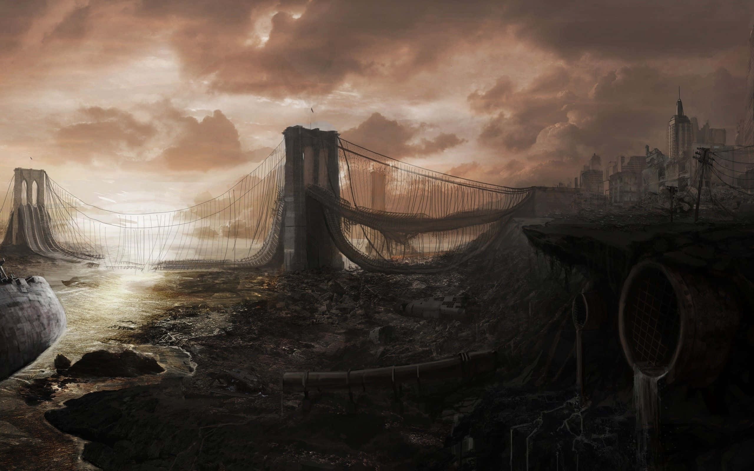 Dark Dystopian 桌布 壁紙 — 日落時分，一座破敗的布魯克林大橋，伴隨著衰敗的城市景觀和渾濁的水面，天空風起雲湧。