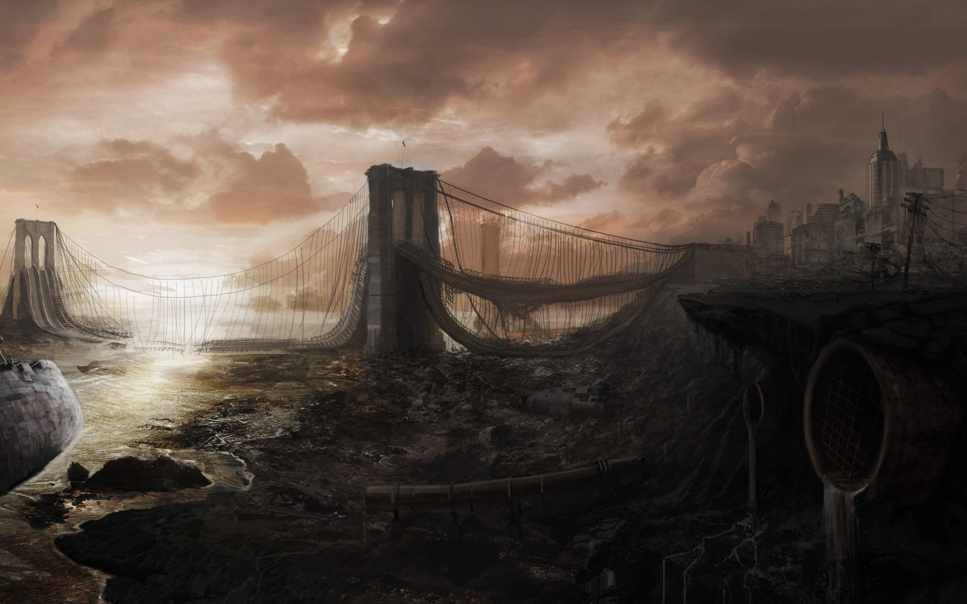 Painting 桌布 壁紙 — 日落時分，一座破敗的布魯克林大橋，在風暴般的橙色天空下，城市景觀逐漸腐朽。