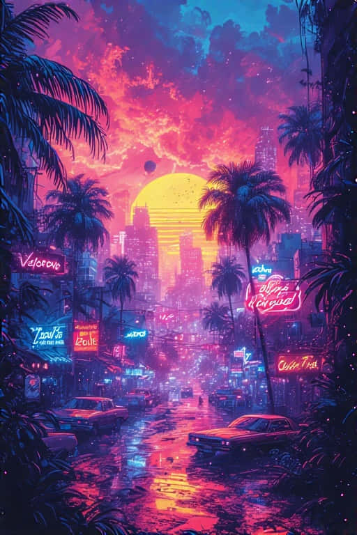 Cityscape Wallpaper Neon Lights, Palm Trees & 80s Vibe 壁紙 — 日落時分，一條充滿霓虹燈的熱帶城市街道，棕櫚樹在火紅的天空下閃耀，老爺車在潮濕的路面上反射出鮮豔的燈光。