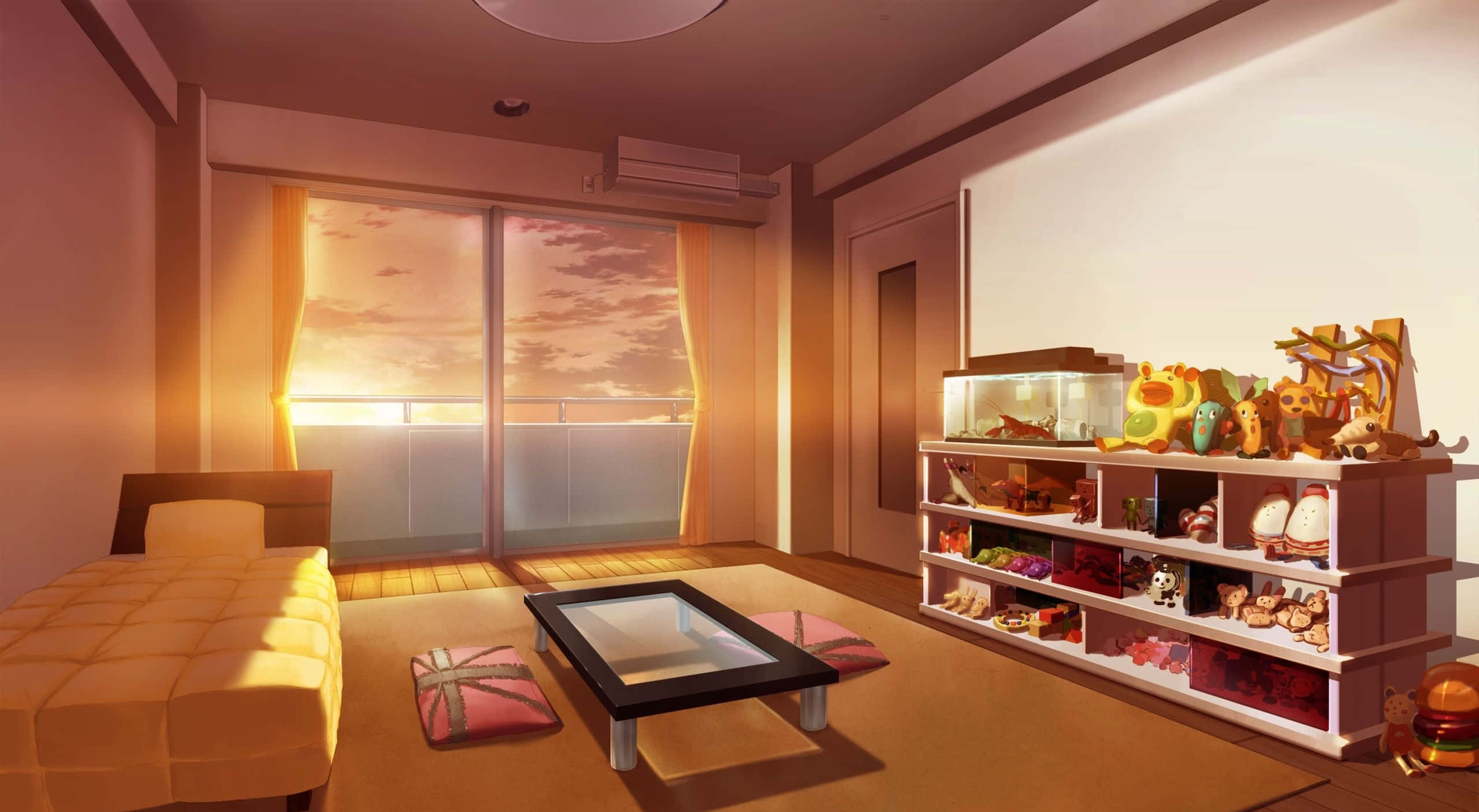 Cozy Anime 桌布 壁紙 — 日落時分，一間燈光溫暖的動漫風格臥室，配有蒲團沙發、矮桌和擺滿色彩繽紛毛絨玩具的架子。