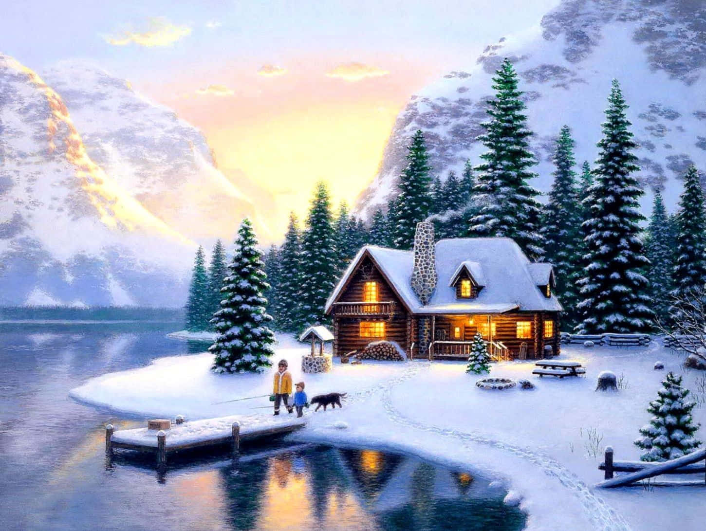 Cozy Winter Cabin 桌布 壁紙 — 日落時分，冰凍湖邊一座舒適的雪覆蓋小屋，兩個孩子和一隻狗在松樹和群山環繞的碼頭附近散步。