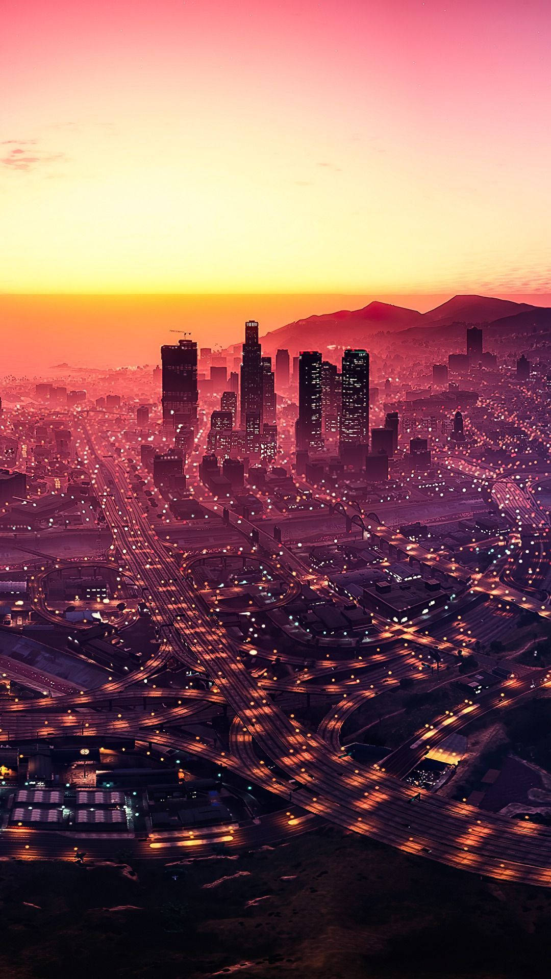 日落時分的城市天際線，發光的道路和高樓大廈。 — GTA 5 動圖 壁紙