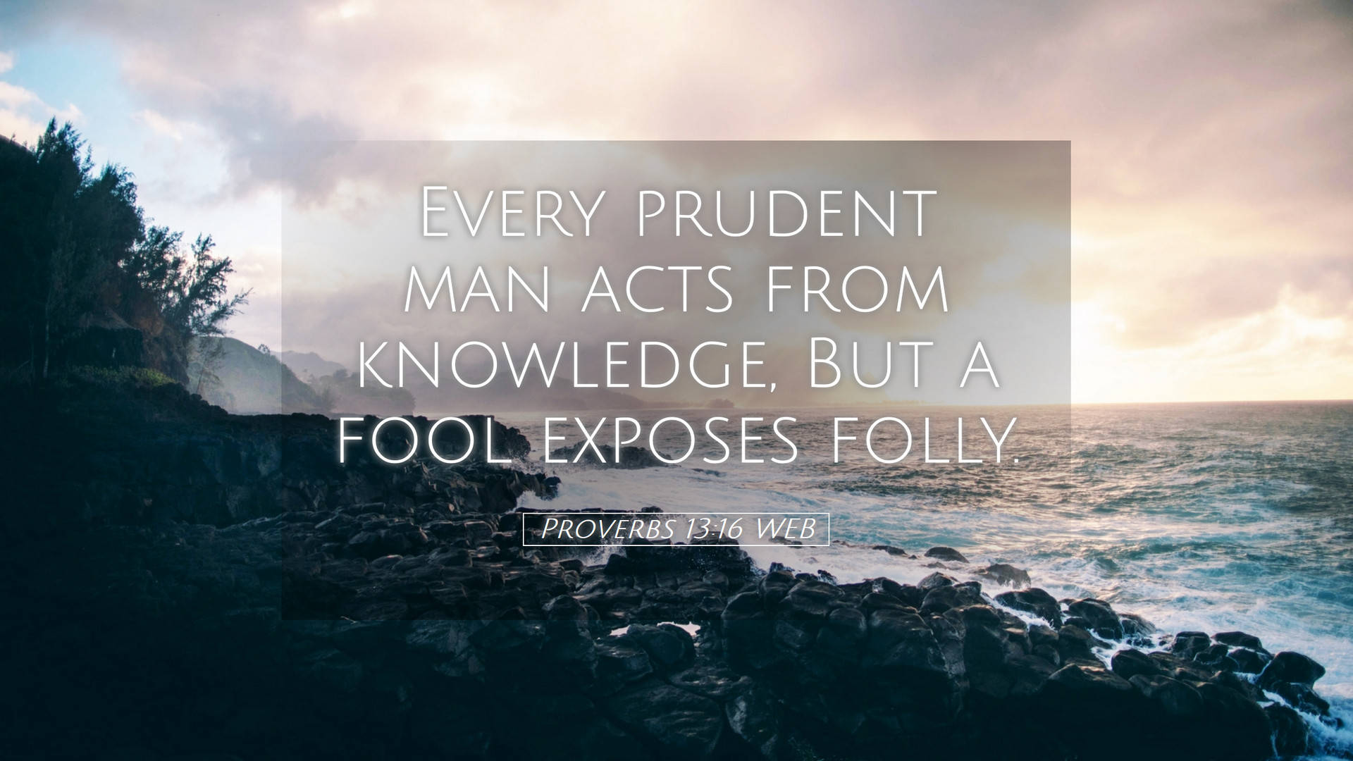 Bible Quotes 桌布 壁紙 — 日落時分，岩石海岸線，海浪拍打深色岩石，並帶有啟發性文字疊加。