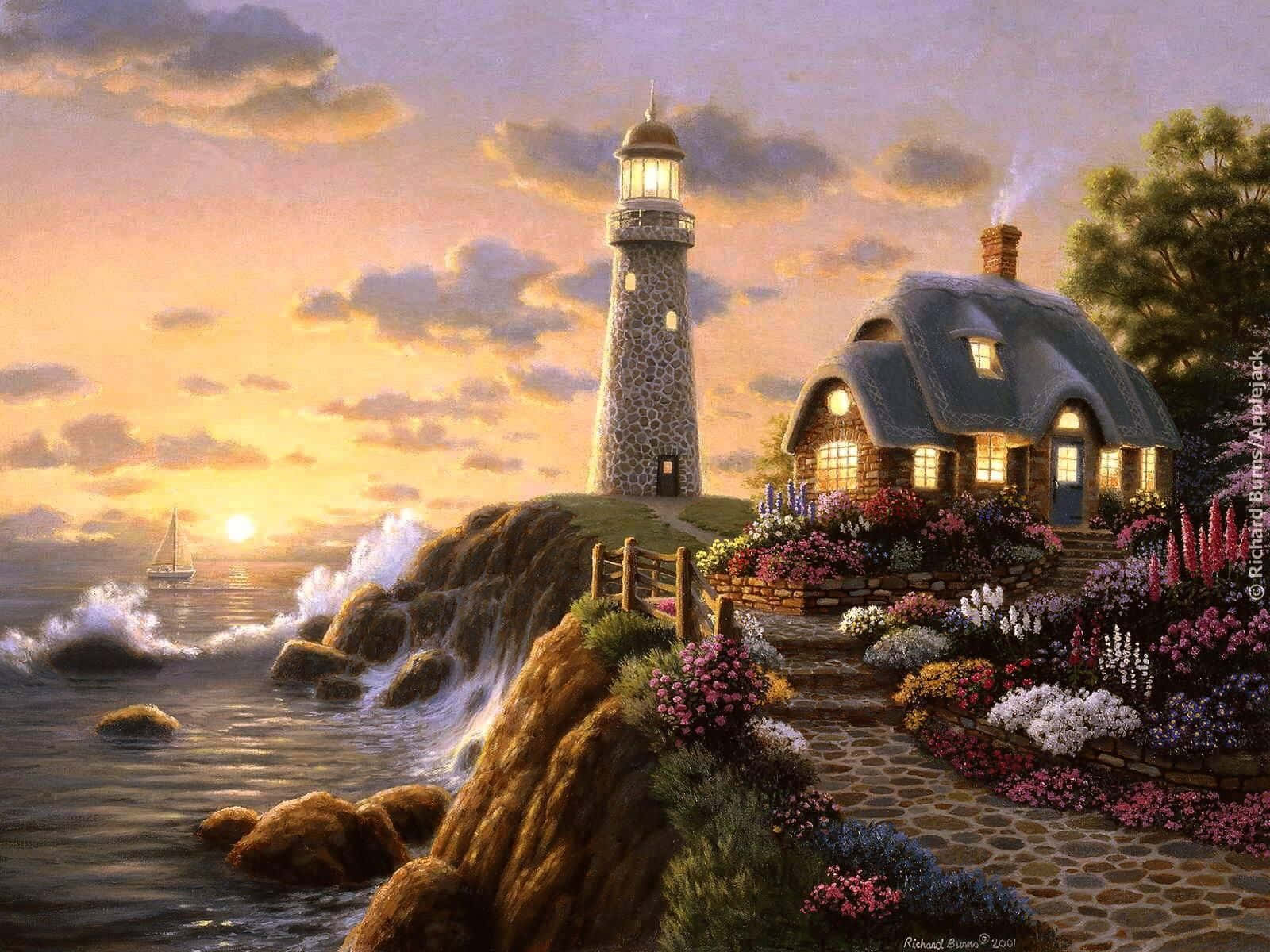 Lighthouse 桌布 壁紙 — 日落時分，懸崖邊上一個舒適的燈塔和小屋，周圍有鮮豔的花朵和海洋中的帆船。