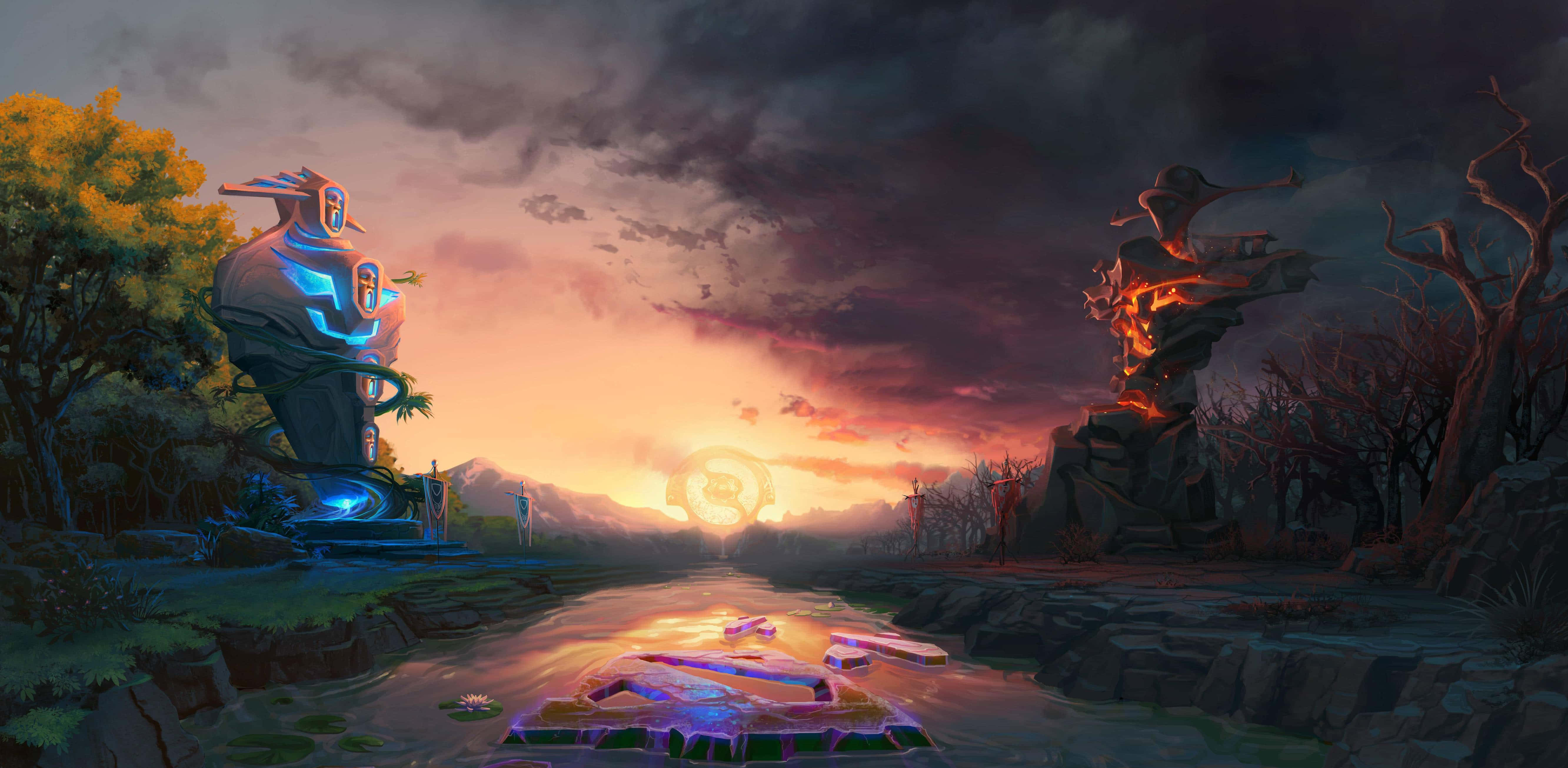 Dota 桌布 壁紙 — 日落時分，暴風雨天空下，一條河流兩旁閃爍著未來派廢墟的超現實數位景觀。