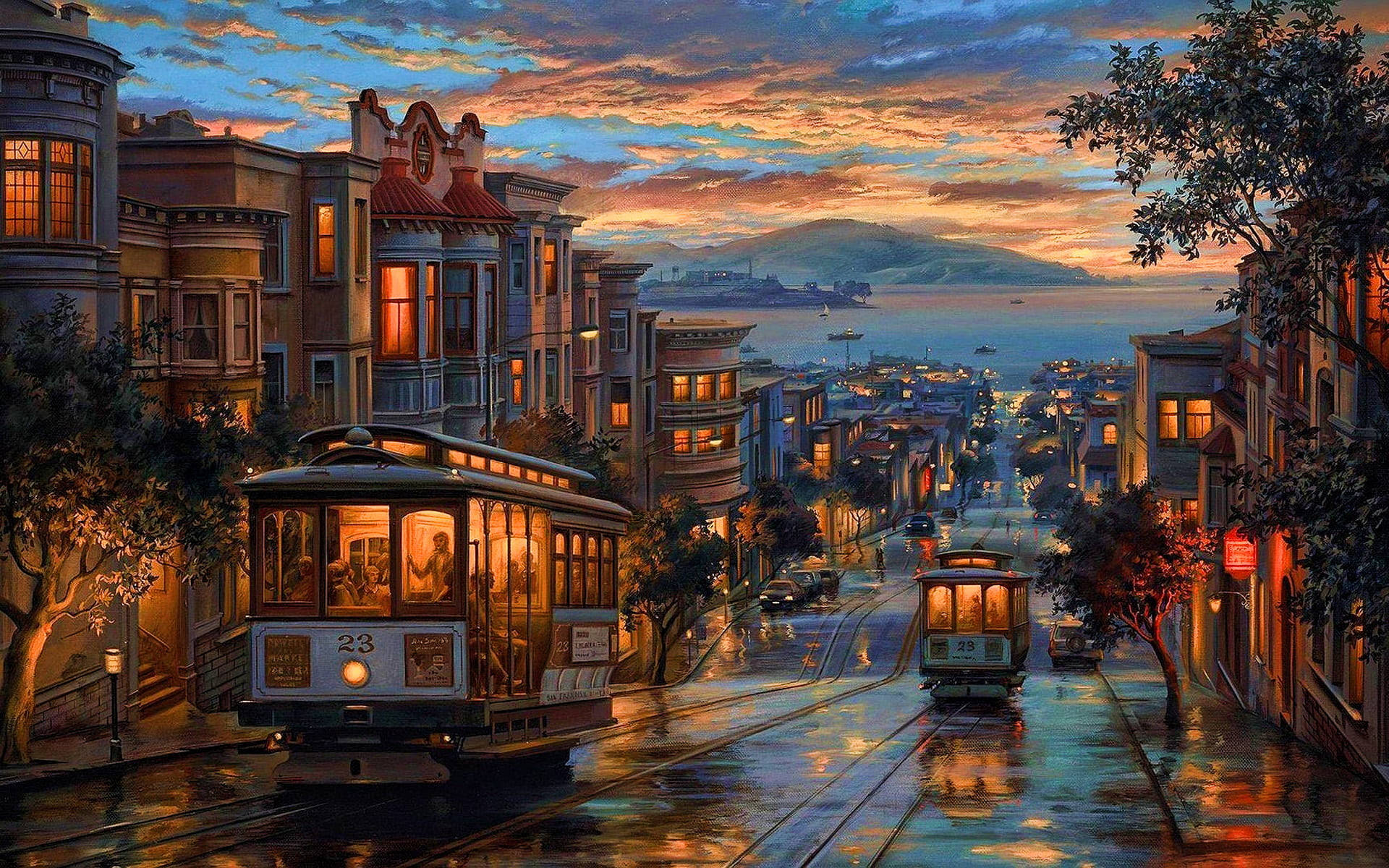 San Francisco Phone 桌布 壁紙 — 日落時分，舊金山一條被雨水打濕的街道，纜車在色彩繽紛的維多利亞式建築和遠處海灣的映襯下溫暖地發光。
