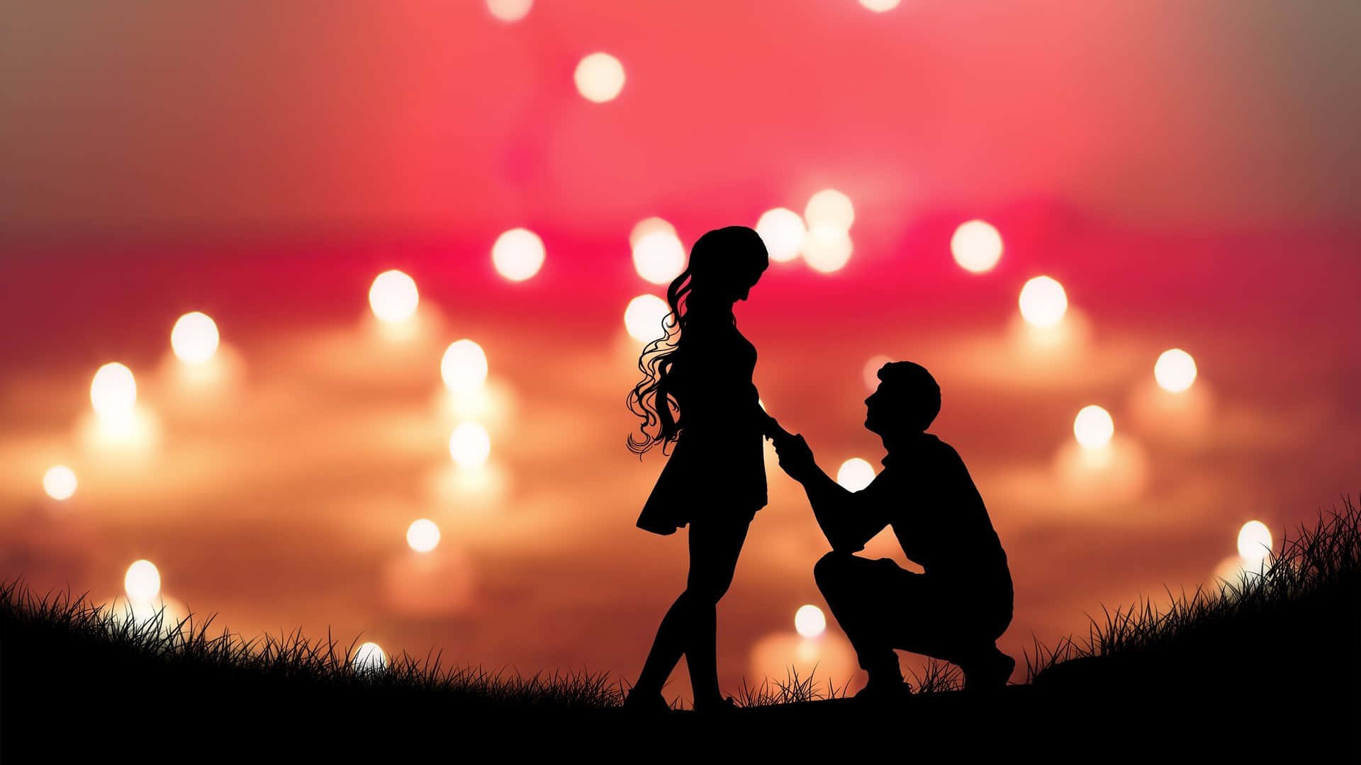 Romantic Love 桌布 壁紙 — 日落時分，草地上山丘上的一對剪影情侶，身後有發光的燈光形成心形。