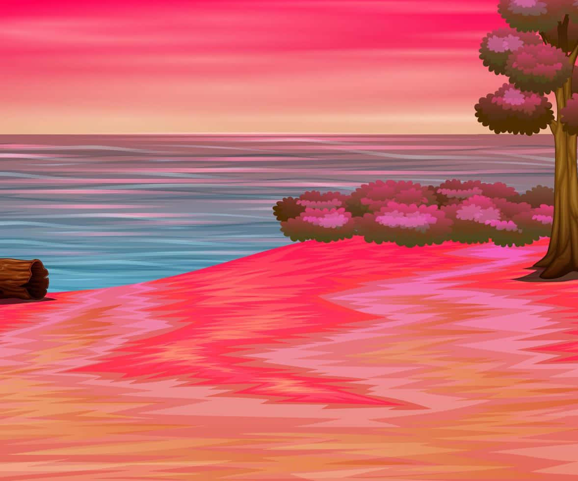 Aesthetic Pixel 桌布 壁紙 — 日落時分，超現實的粉紅色和橙色海灘，旁邊有平靜的藍色海水，一棵孤樹和一根木頭。