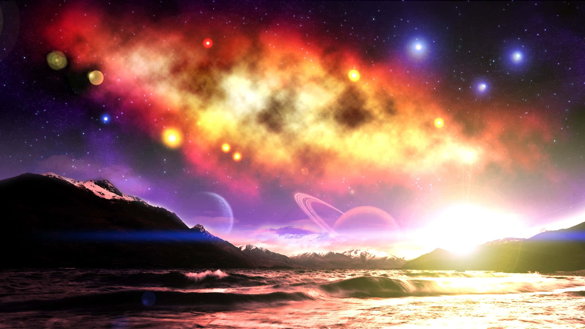 3d Space 桌布 壁紙 — 日落時分，雪峰之上有發光星雲行星和光環的超現實外星海景。