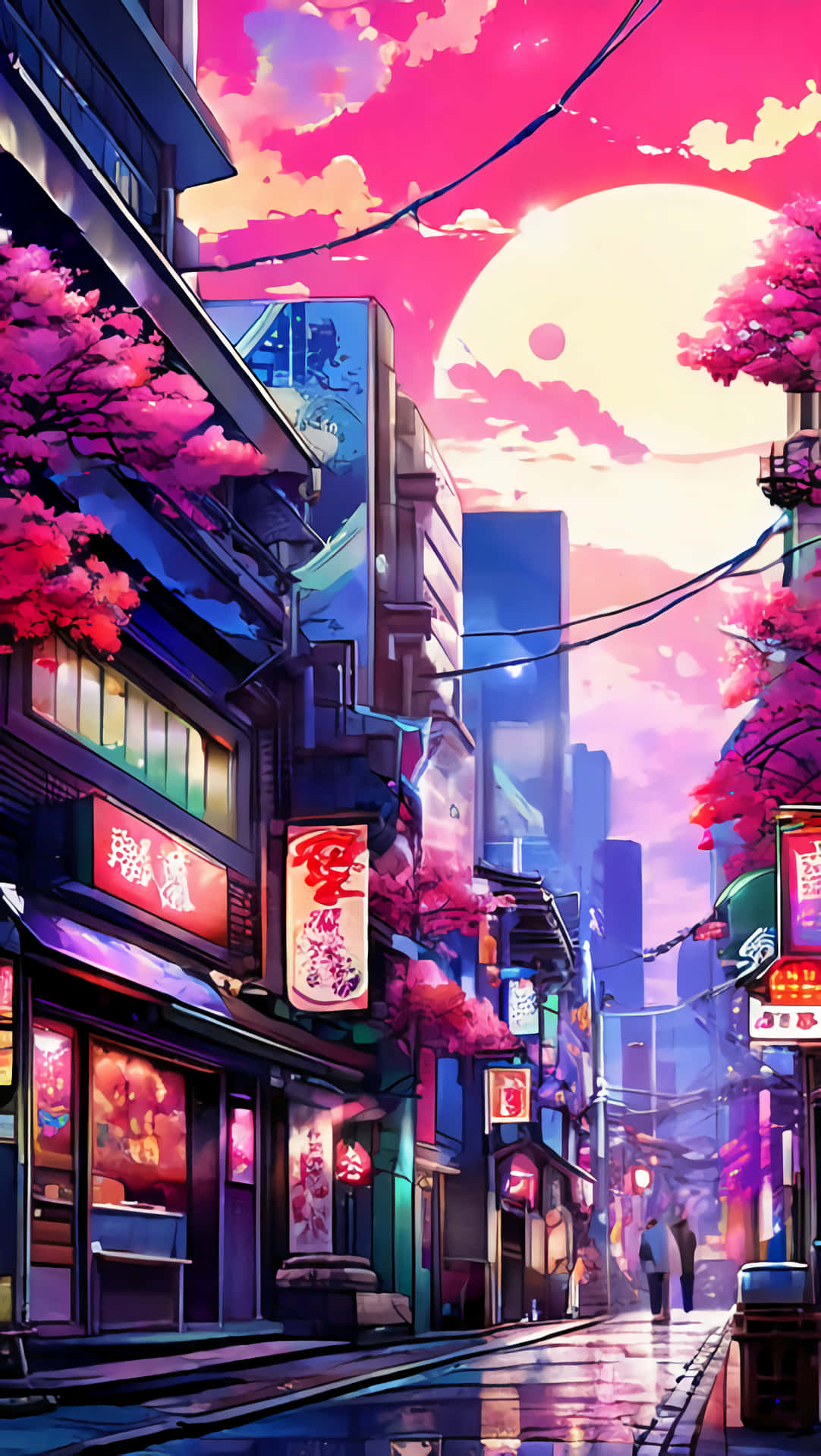 anime city Japan 壁紙 — 日落時分，霓虹燈照亮的日本小巷，櫻花在充滿活力的天空和高聳的建築物映襯下閃爍著粉紅色的光芒。