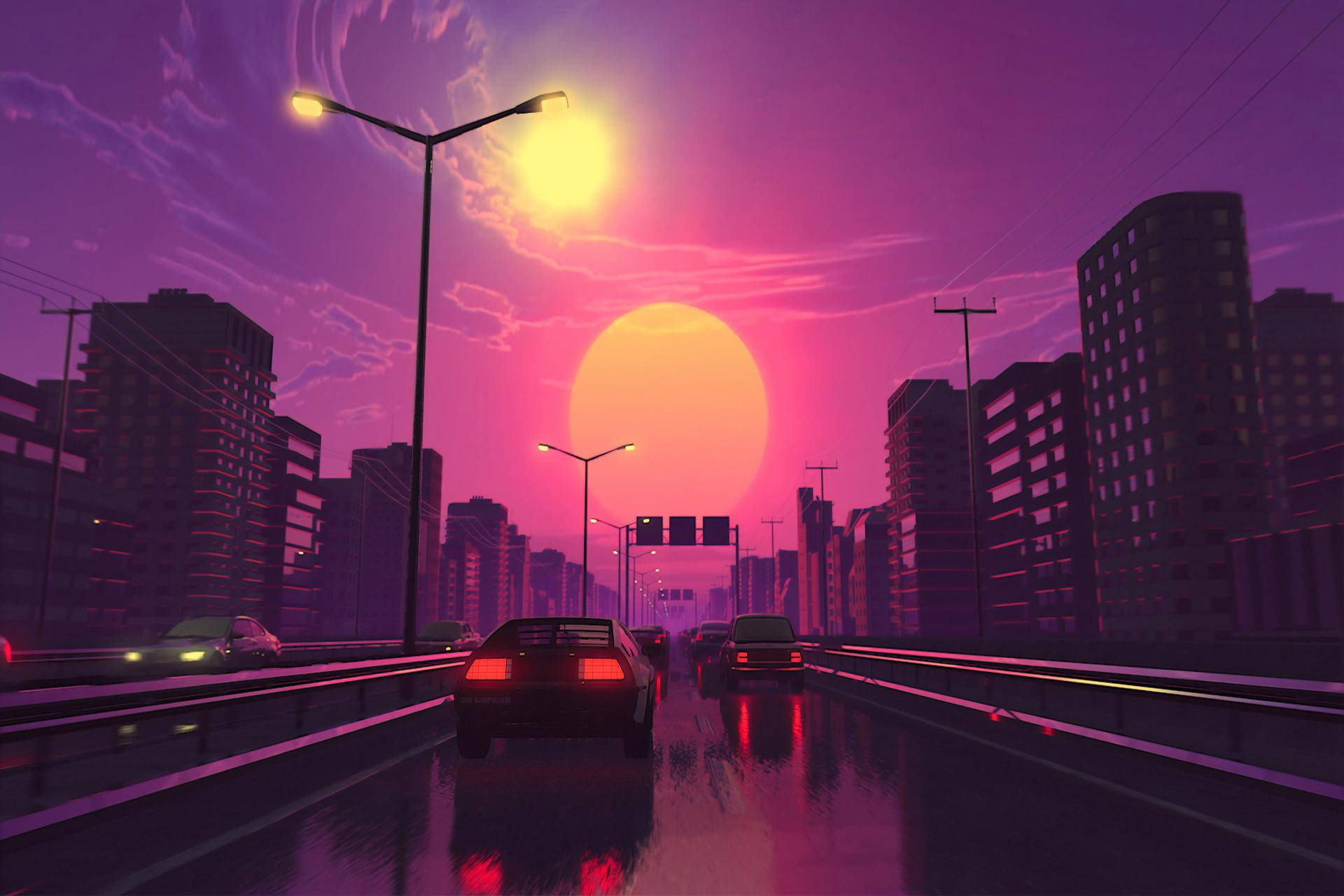 Digital 桌布 壁紙 — 日落時分，霓虹燈閃爍的城市高速公路，發光的汽車和高聳的建築物在充滿活力的紫色和橙色天空下。