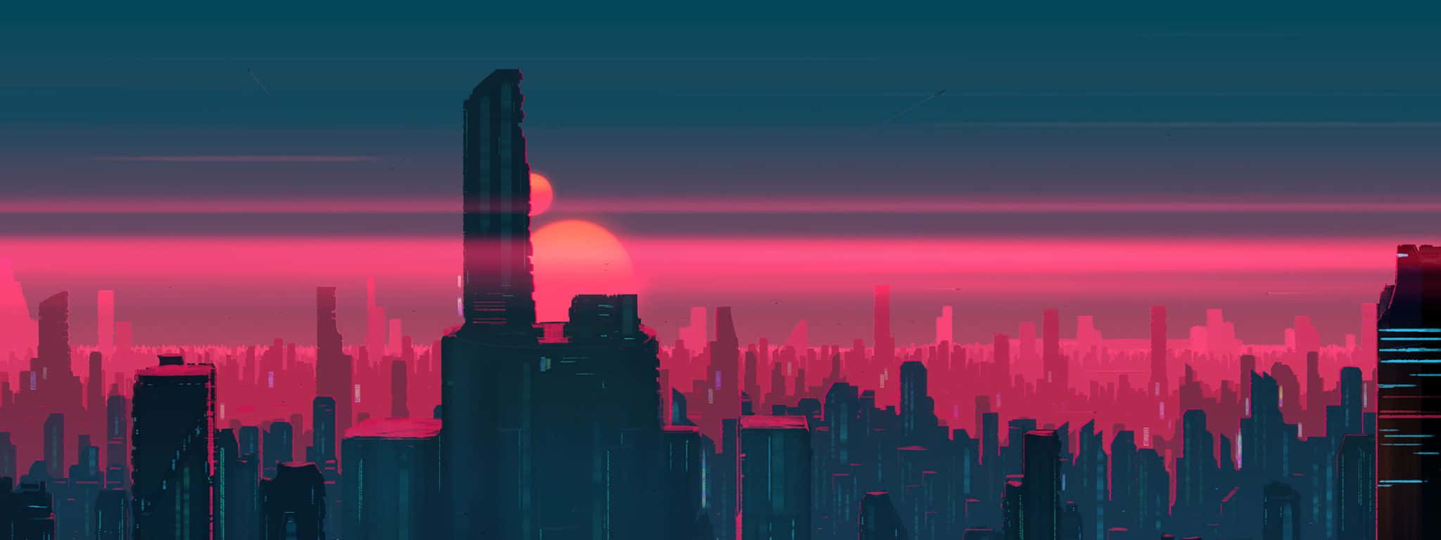 2048x768 桌布 壁紙 — 日落時分，霓虹燈閃爍的未來城市景觀，高聳的摩天大樓在發光的粉紅色和藍綠色天空下形成剪影。